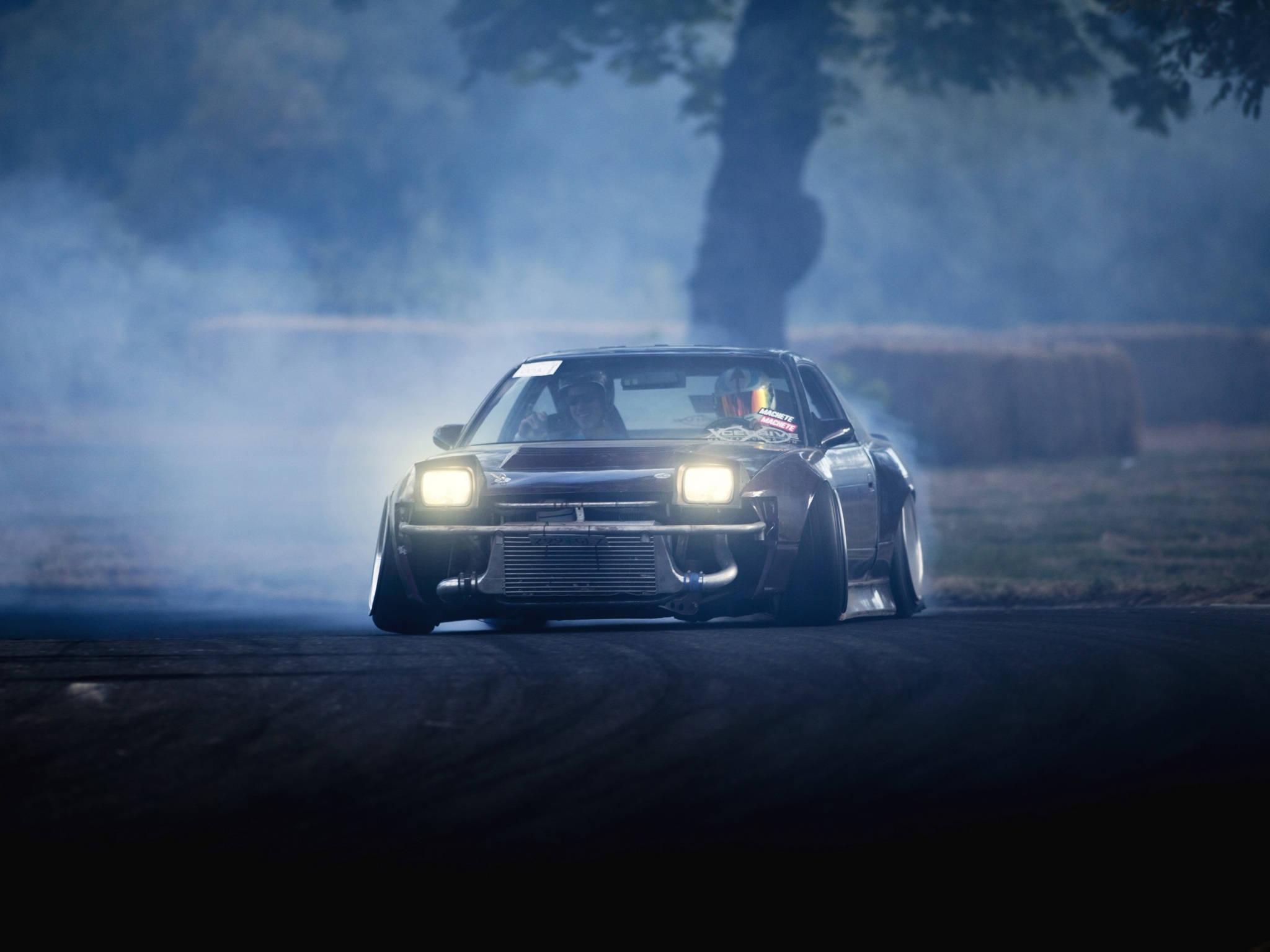 drift car, glowing headlights, dark track, Full HD Desktop Wallpaper