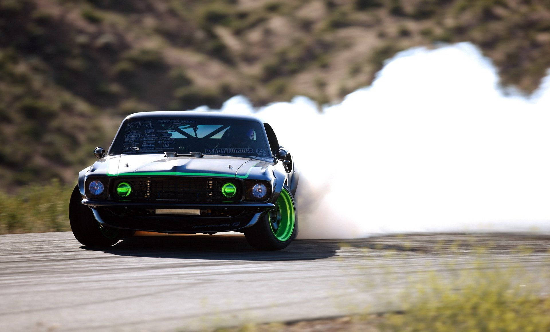 1969 Ford Mustang RTR-X, drift car, green wheels, Full HD Desktop Wallpaper