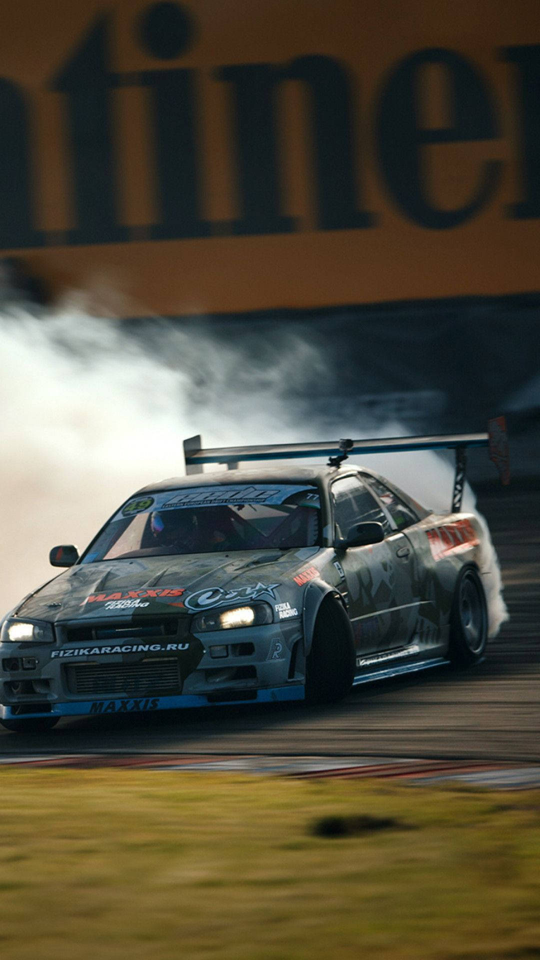 gray drift car, racetrack, bright lights, Full HD Phone Wallpaper