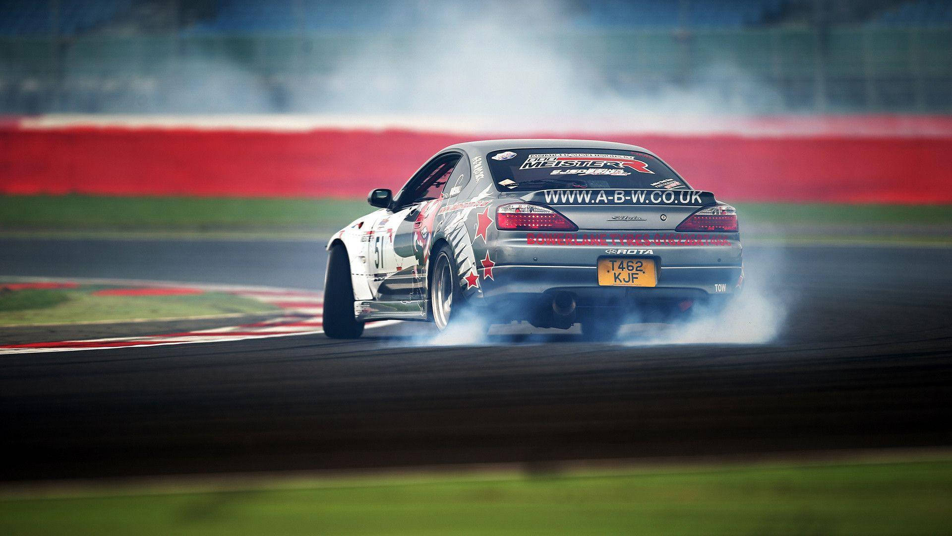 drift car, wet track, silver, Full HD Desktop Wallpaper