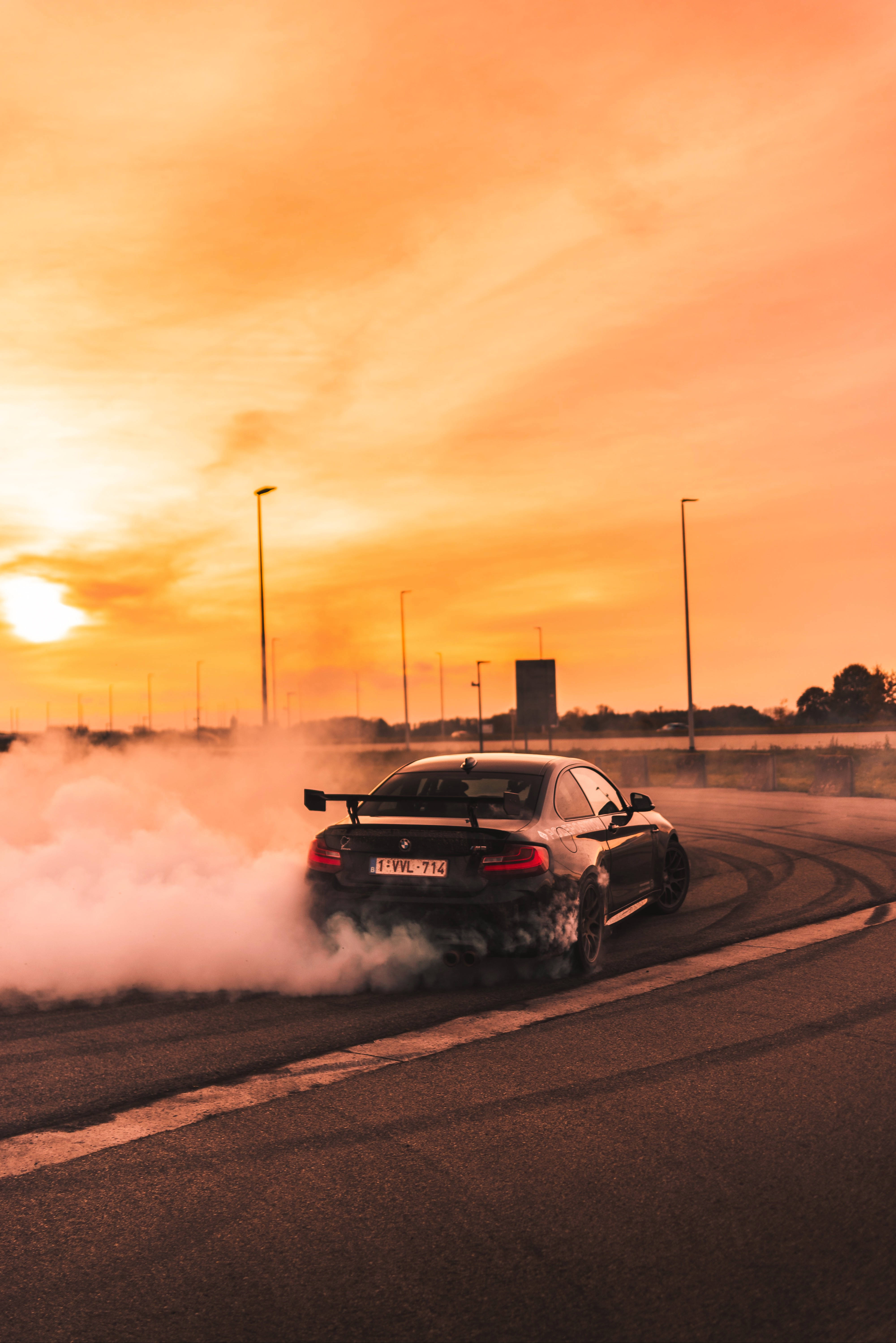drift car, golden sky, fiery orange sunset sky, 5K Phone Wallpaper