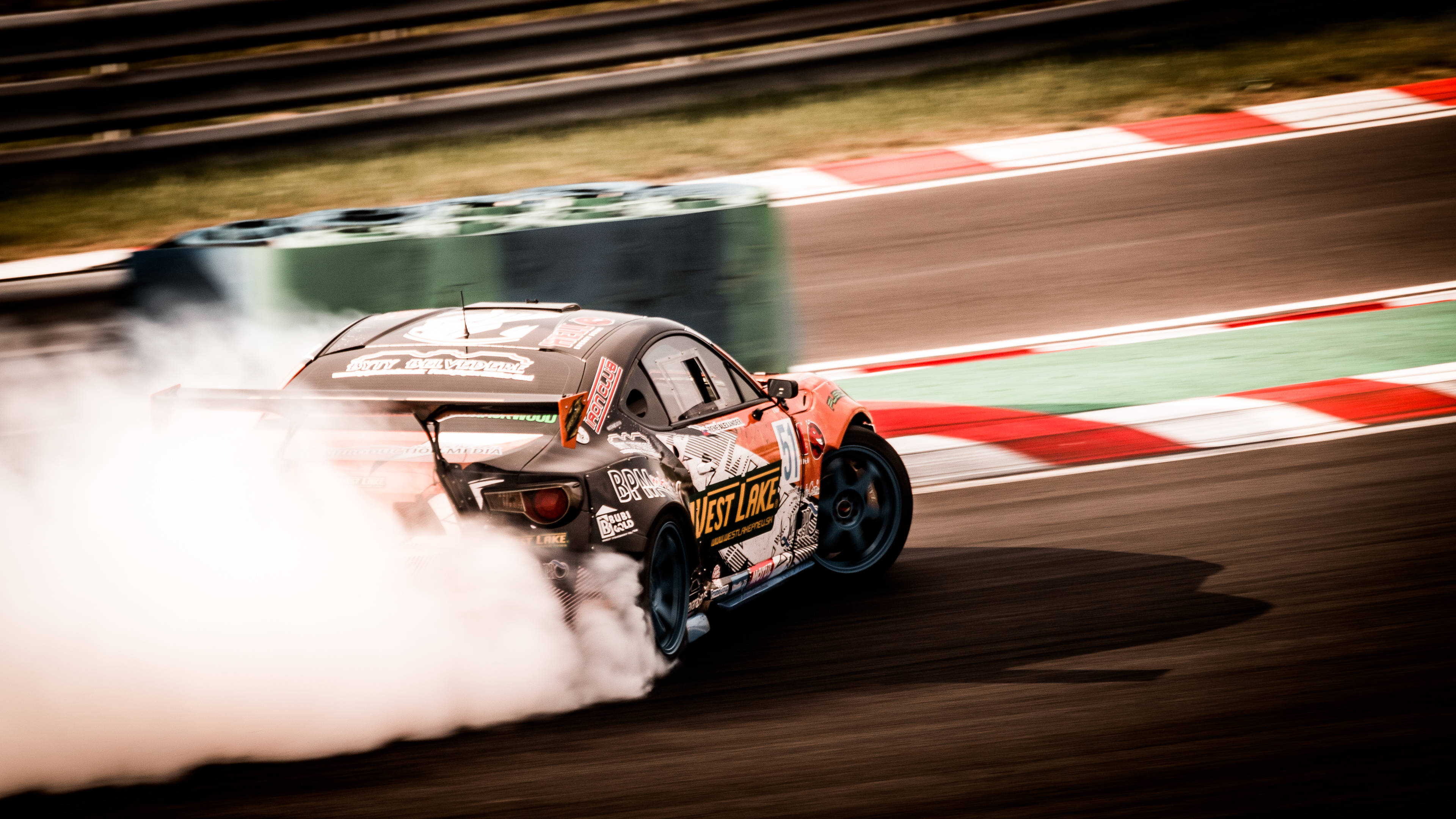 drift car, black and orange, thick white smoke, 4K Desktop Wallpaper