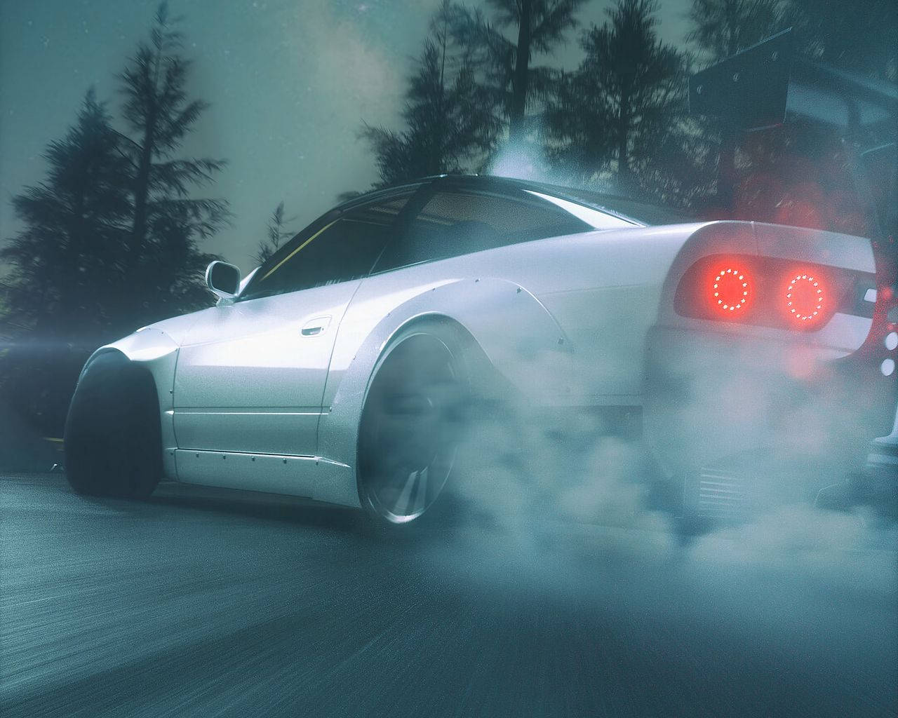 twilight sky, silver sports car, glowing red taillights, HD Desktop Wallpaper