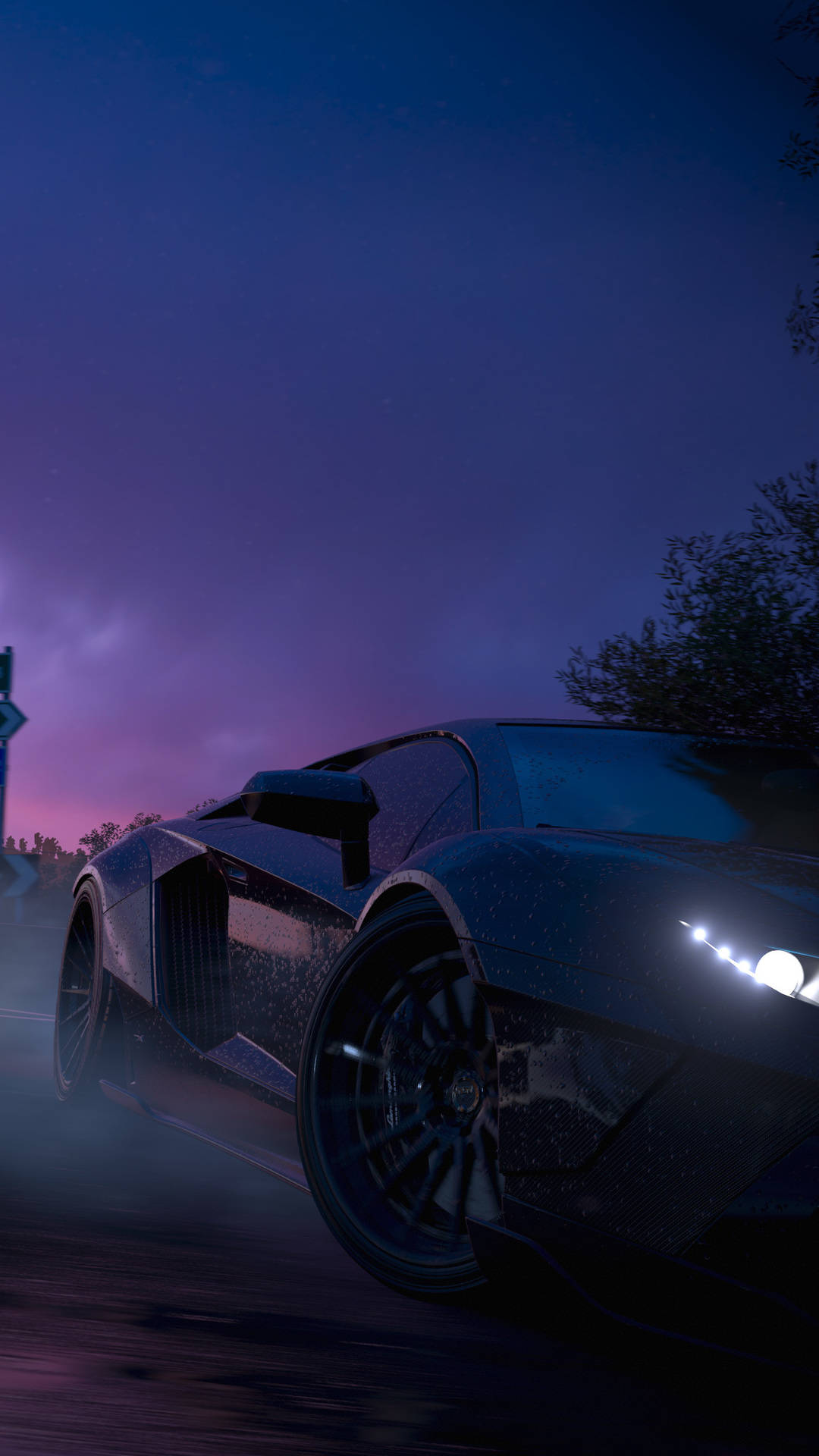 drift car, purple sky, black sports car, Full HD Phone Wallpaper