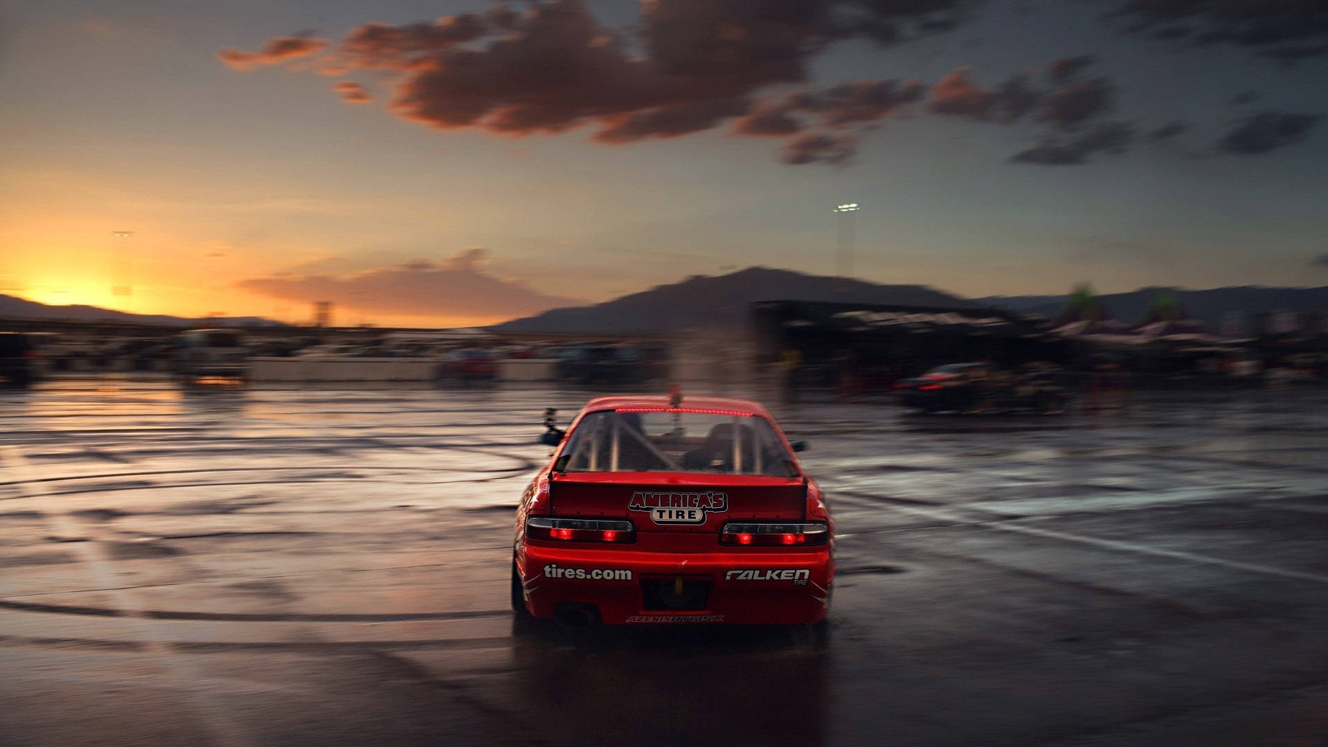 drift car, sunset, red race car, Full HD Desktop Wallpaper