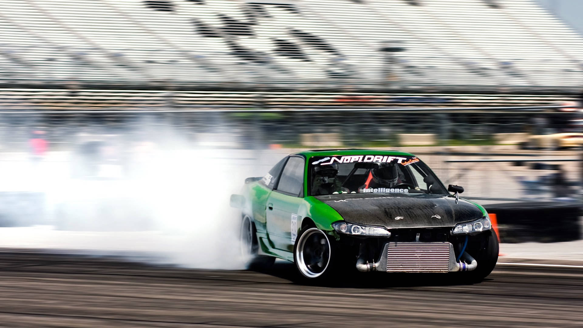 drift car, green and black, smokes heavily, Full HD Desktop Wallpaper