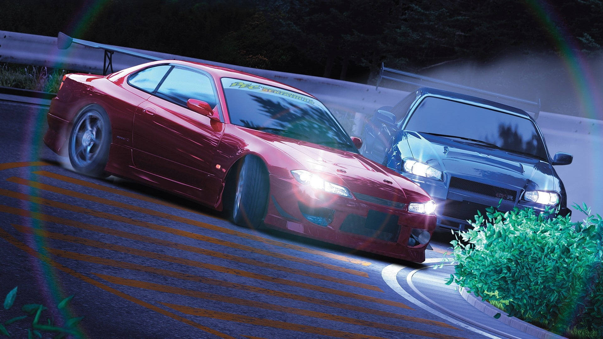 red and blue drift cars, wet curve, night, Full HD Desktop Wallpaper