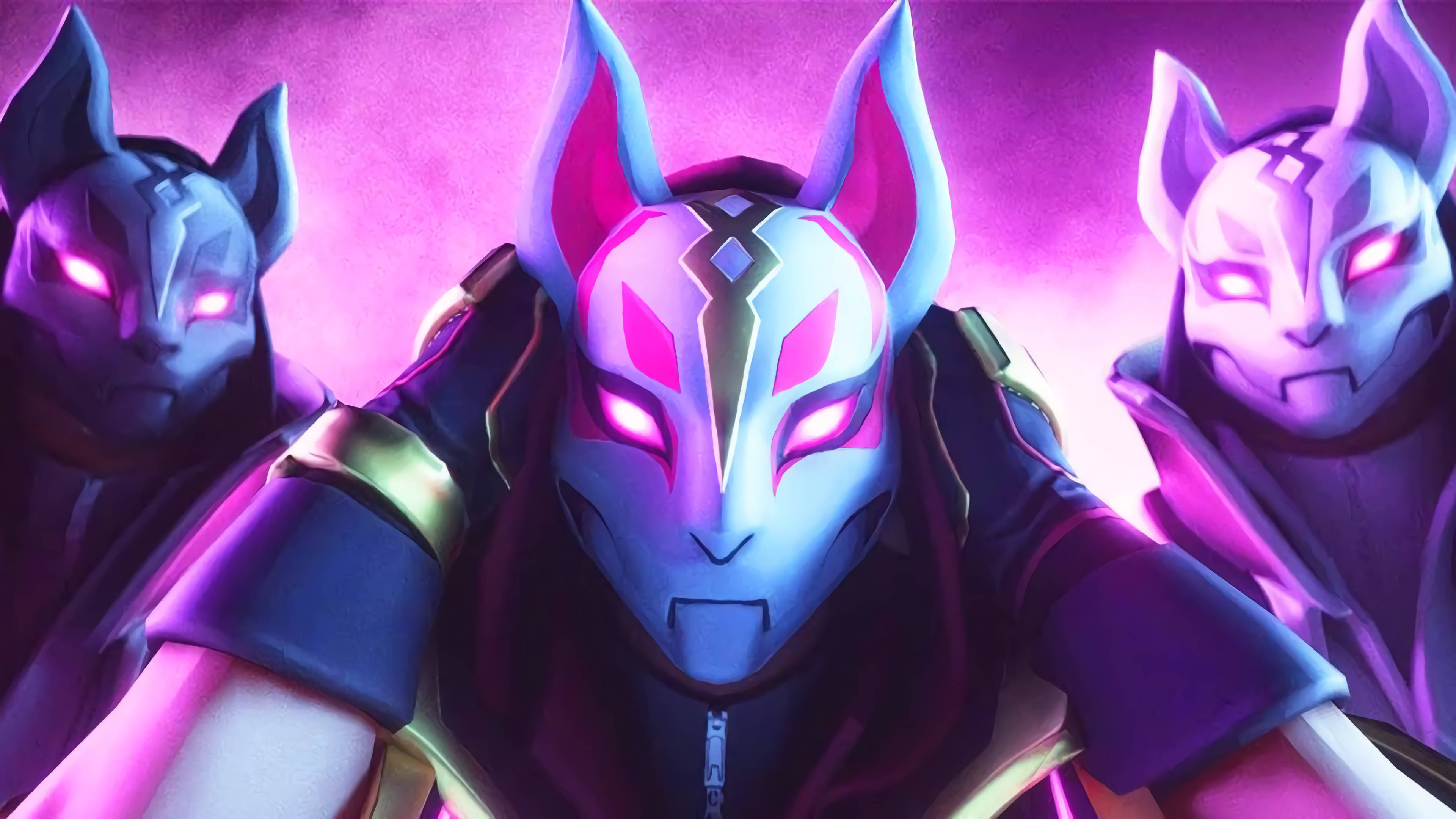 Drift Fortnite, purple aesthetic, masked feline characters, 4K Desktop Wallpaper