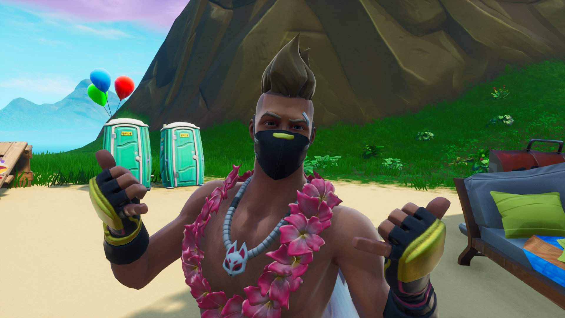 Fortnite, pink flower lei, black face mask, Full HD Desktop Wallpaper