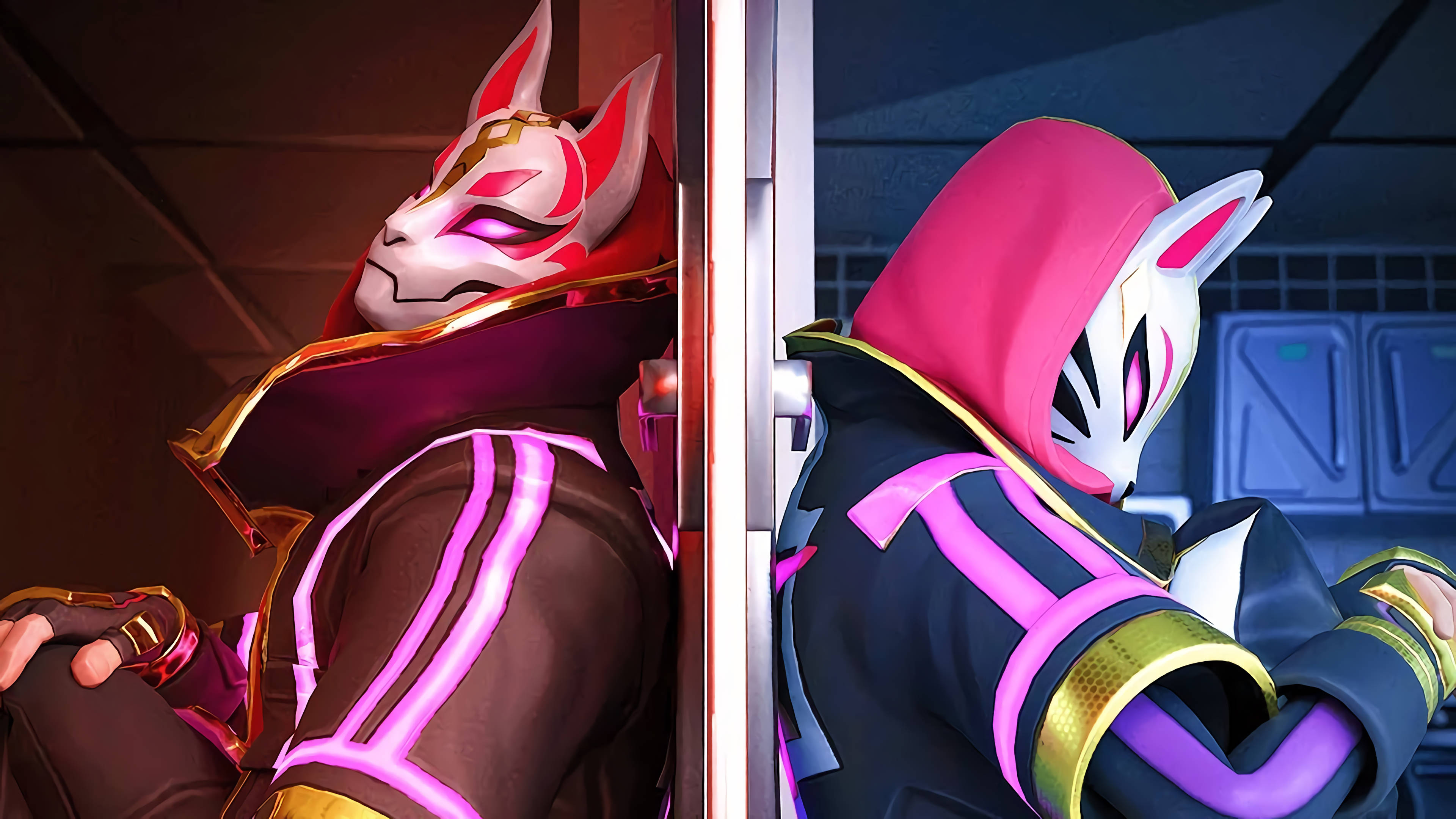 Drift Fortnite, fox masks, futuristic room, 4K Desktop Wallpaper