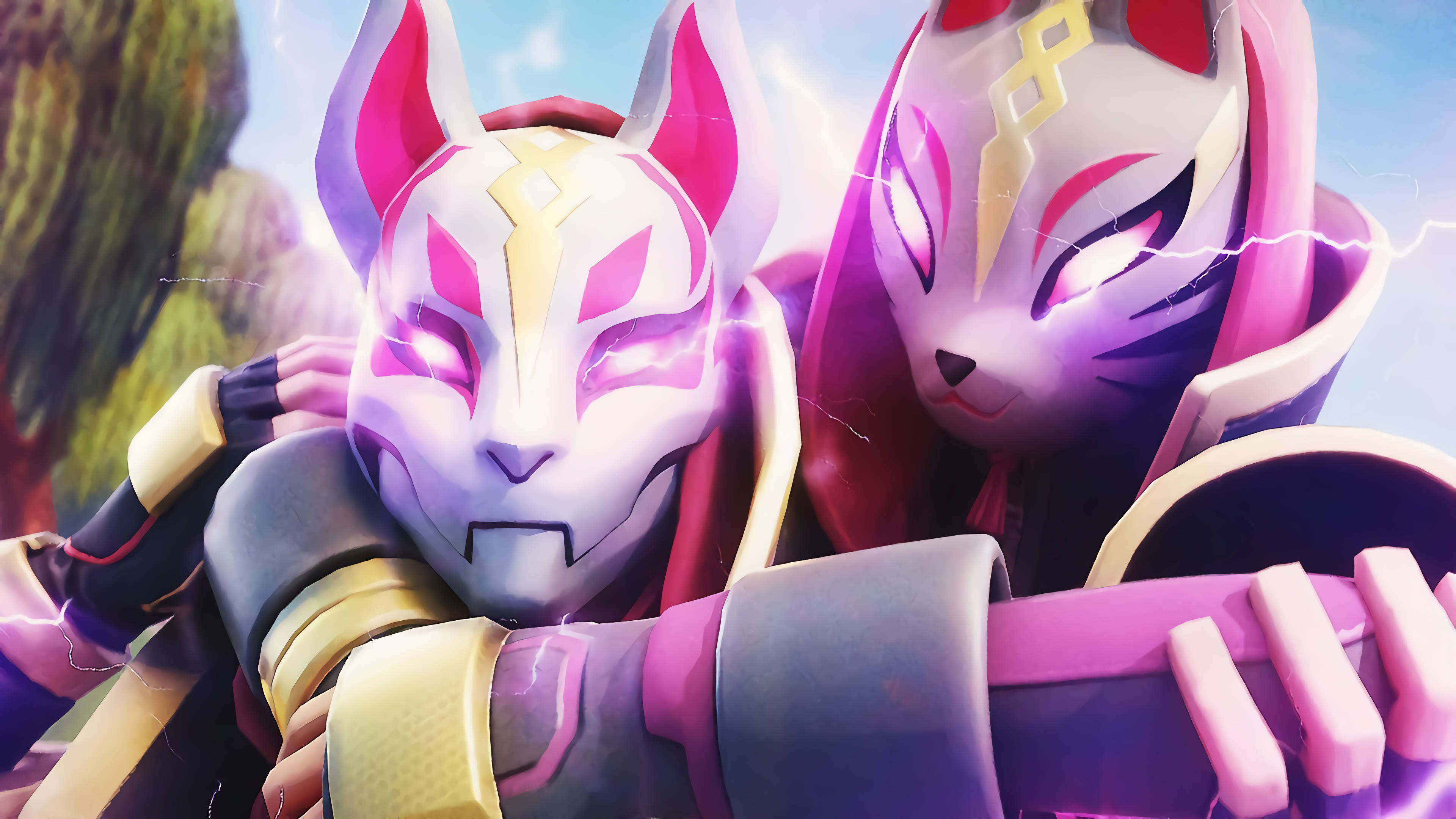 Drift Fortnite, fox-like anime characters, glowing eyes, 4K Desktop Wallpaper