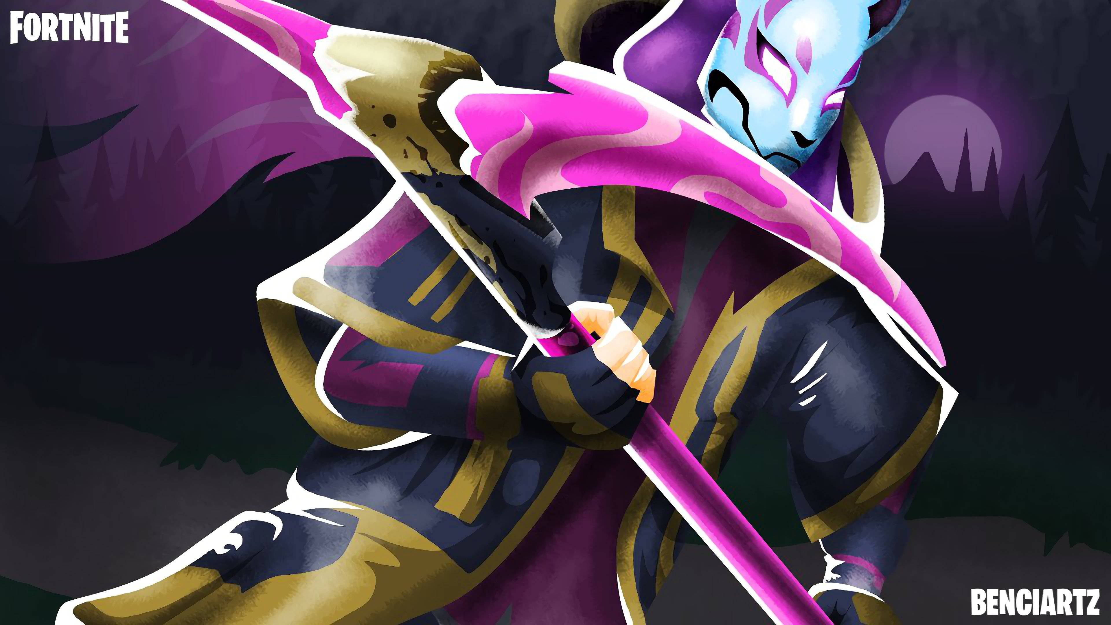 Fortnite, blue face, purple gold armor, 4K Desktop Wallpaper