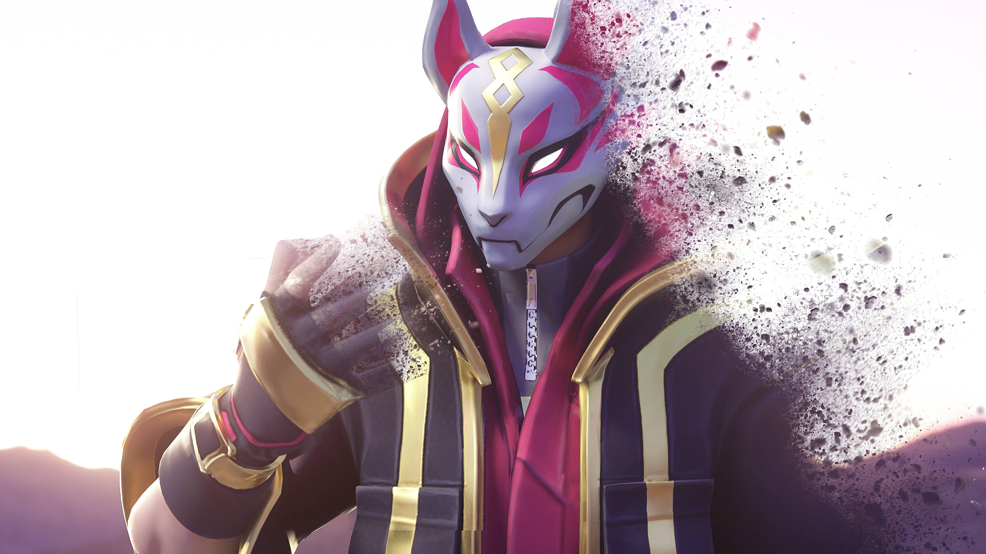 Fading Drift Fortnite 3D, masked fox-like anime character, magenta and gold outfit, 4K Desktop Wallpaper