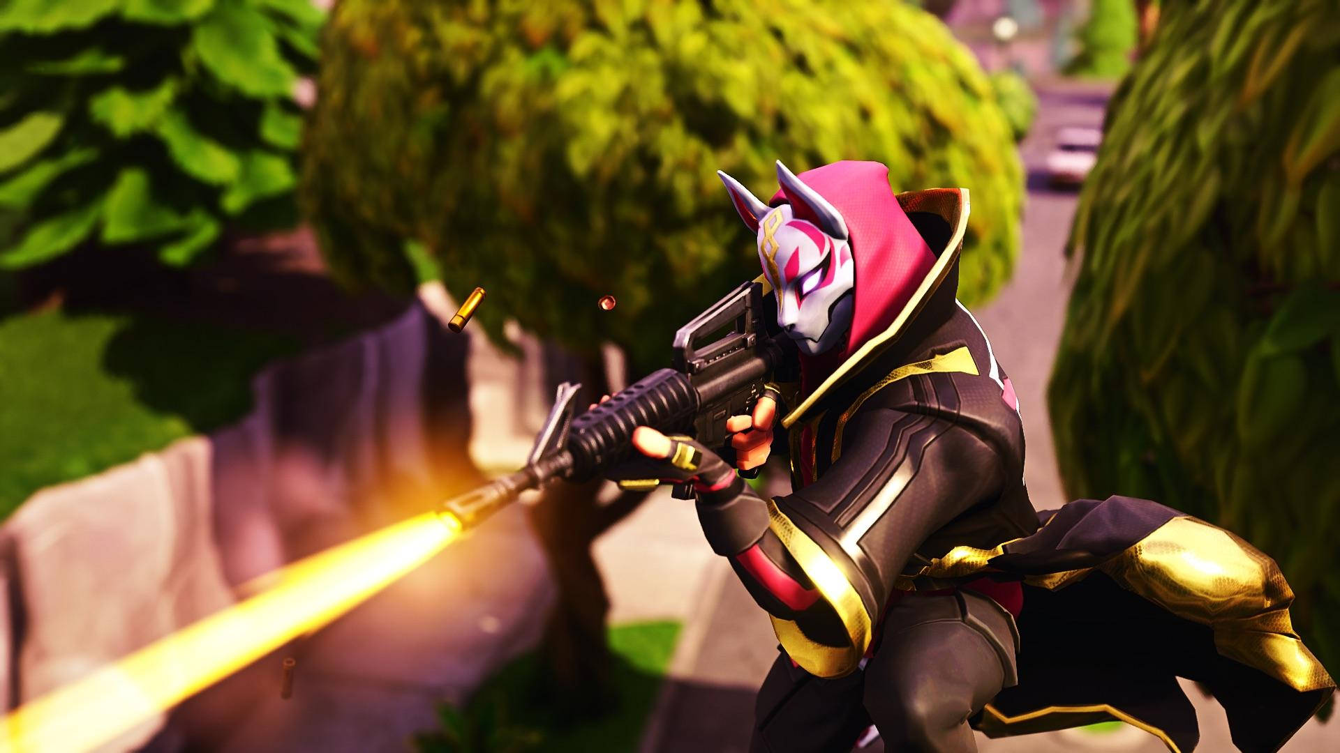 Drift Fortnite, black and gold armor, glowing weapon, Full HD Desktop Wallpaper