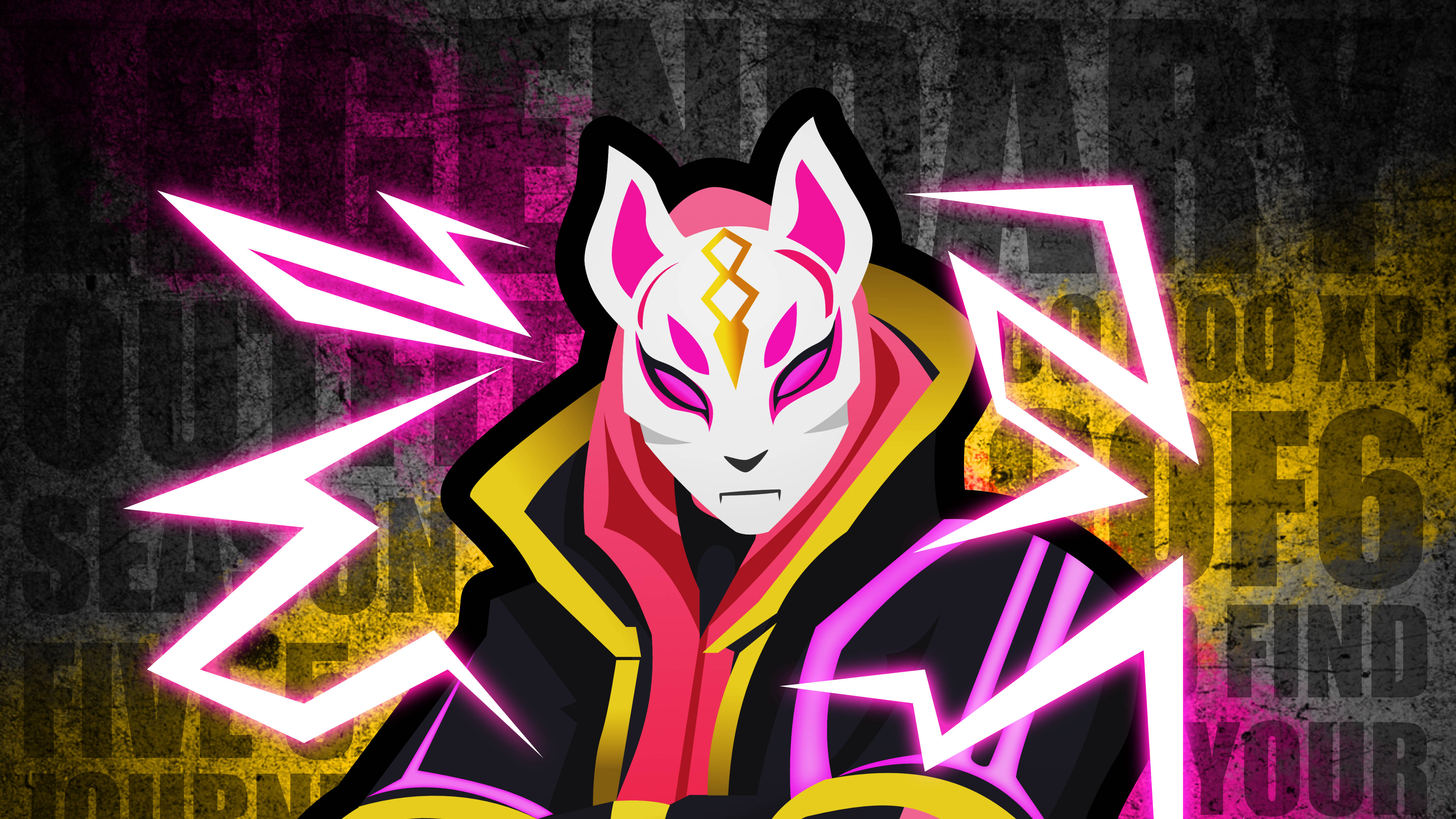 Drift Fortnite, fox-masked anime character, black and gold hoodie, 4K Desktop Wallpaper