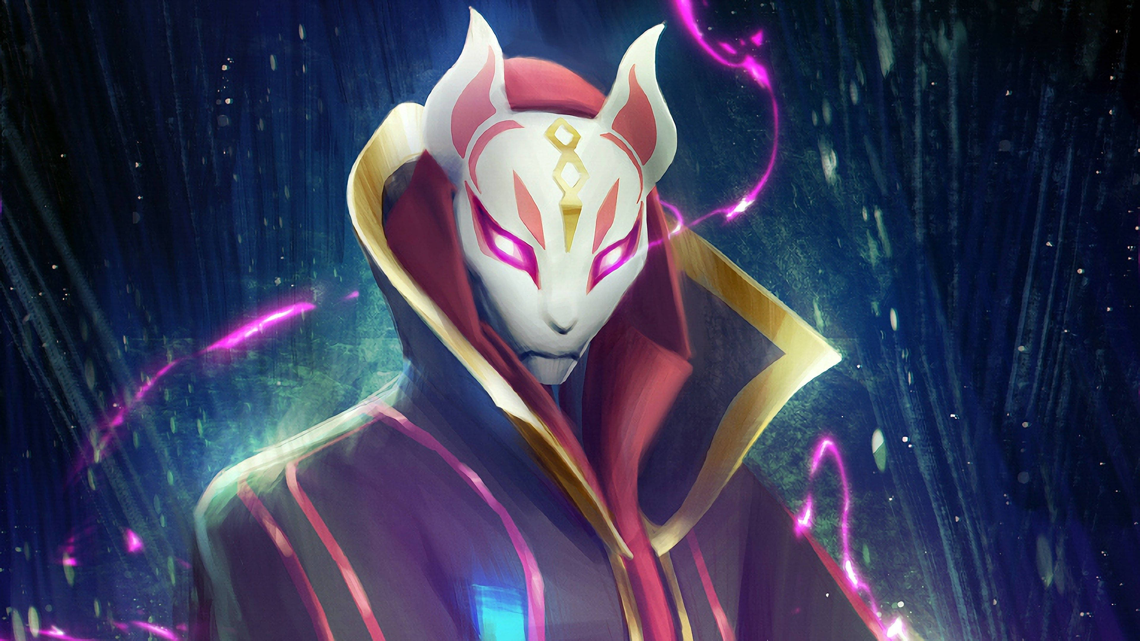 Drift Fortnite, masked fox-like anime character, red and gold robe, 4K Desktop Wallpaper