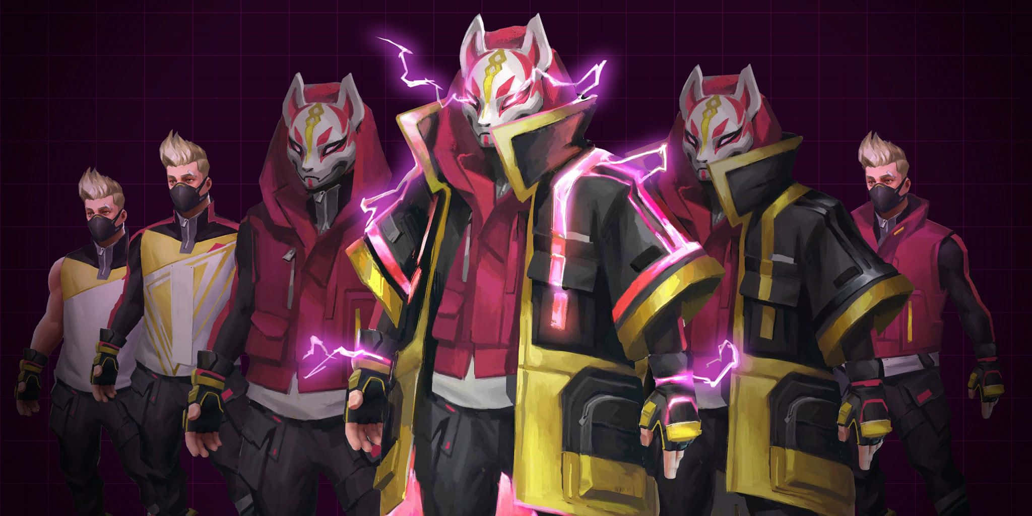 Fortnite Drift, red yellow and black outfits, fox masks, Full HD Desktop Wallpaper
