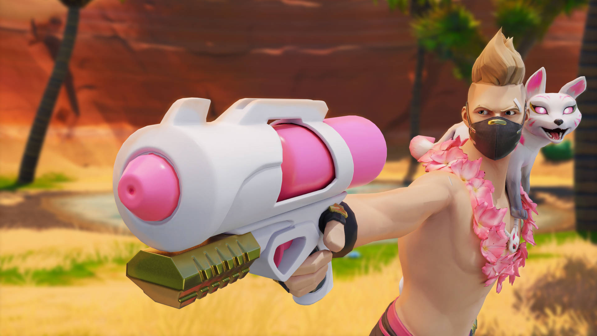Drift Fortnite, pink water gun, fox companion, Full HD Desktop Wallpaper