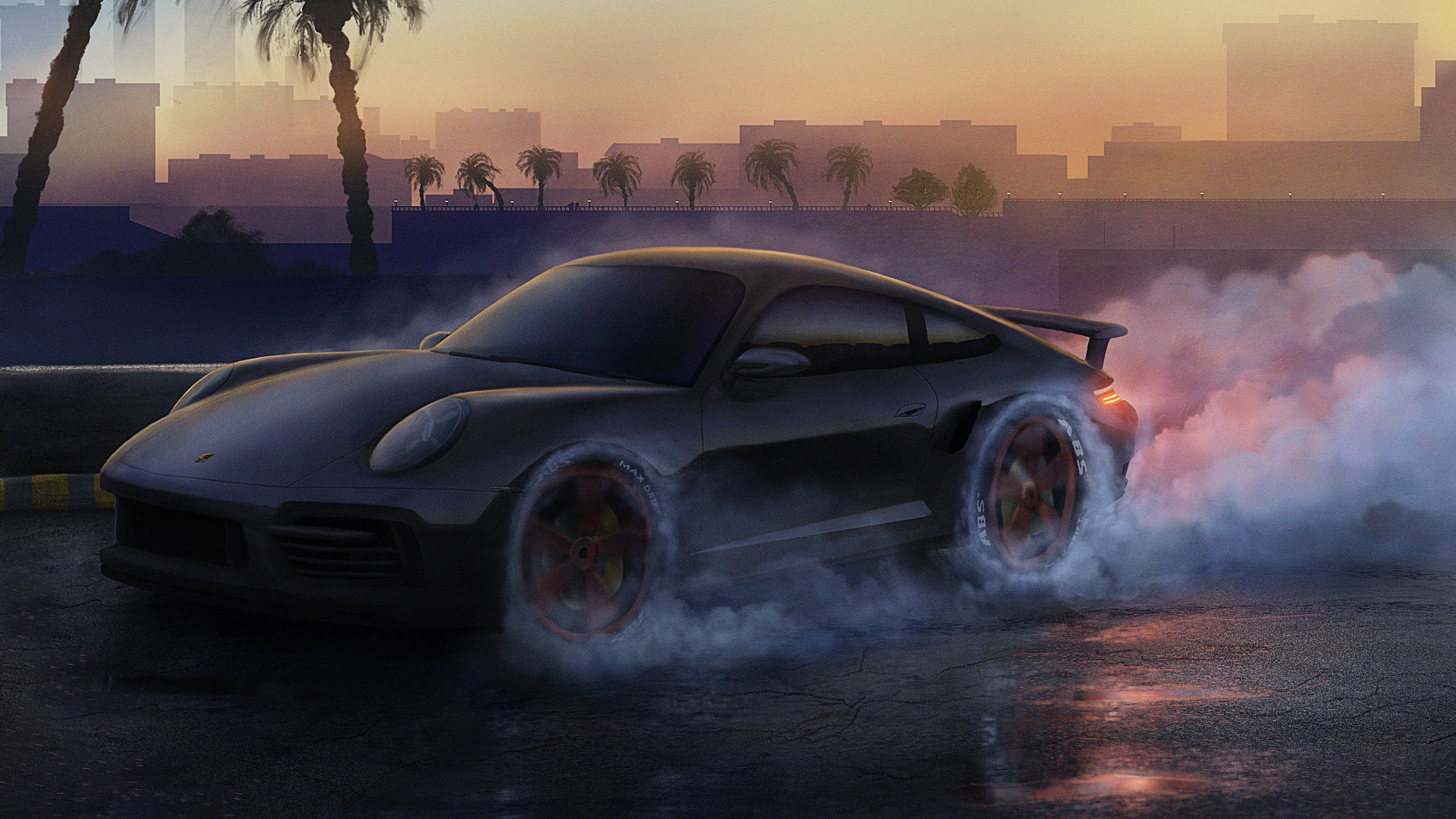 sunset, wet urban street, palm trees, 4K Desktop Wallpaper