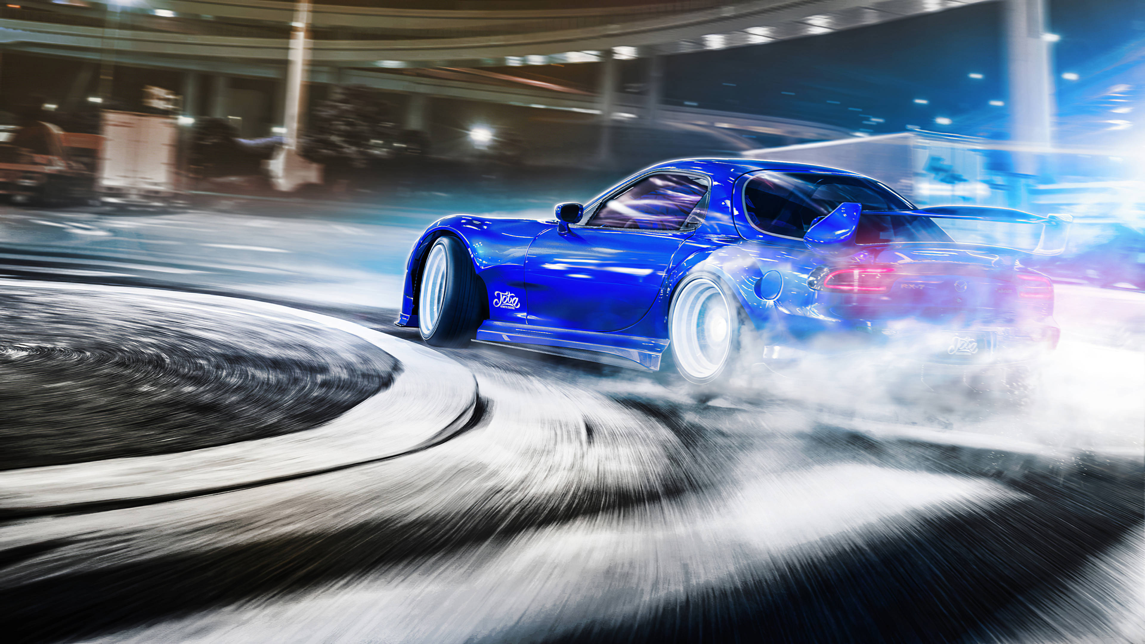 Drifting, blue sports car, curved track, 4K Desktop Wallpaper