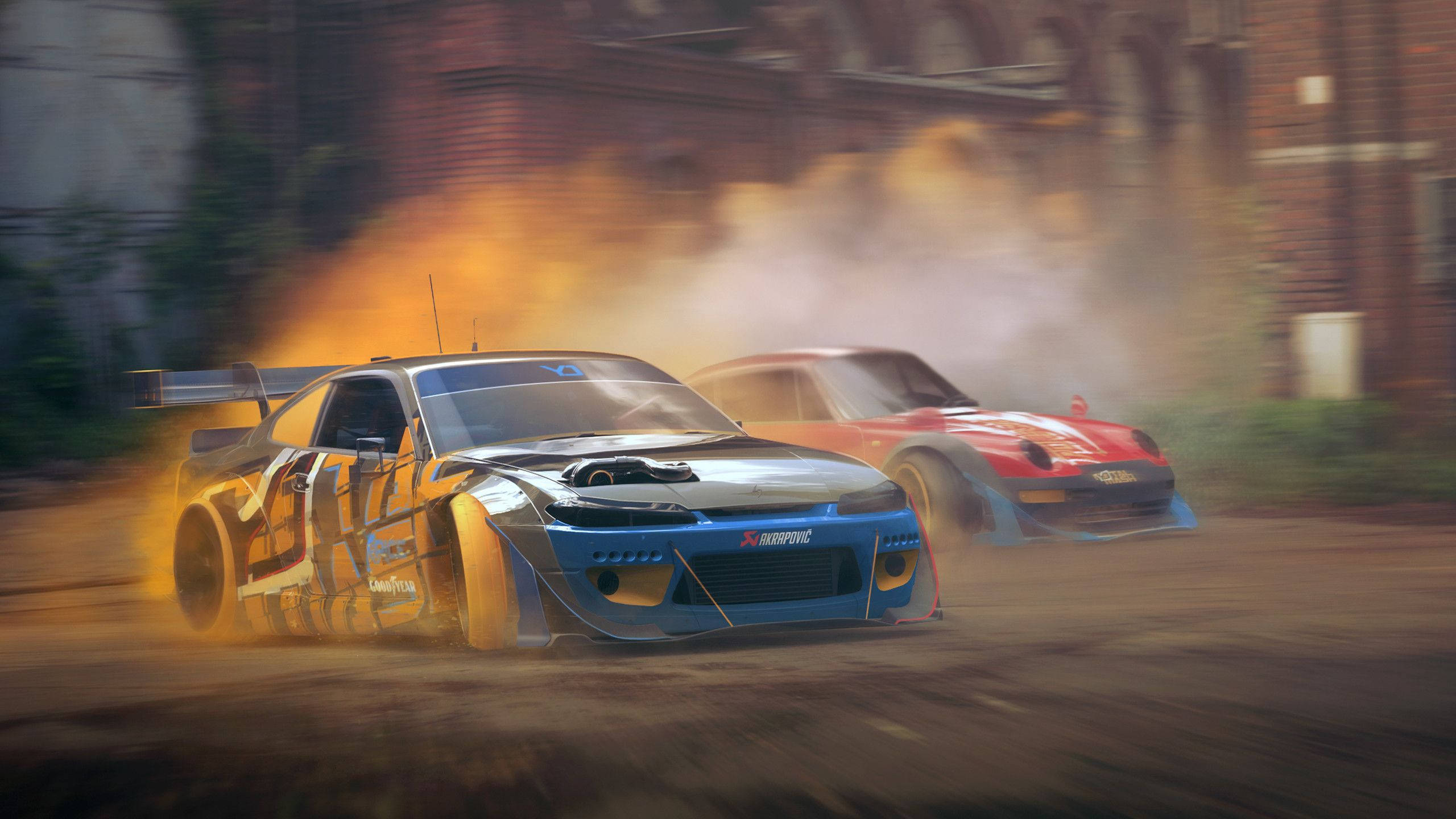 dirt drift racing, drift racing cars, dusty urban street, 2K Desktop Wallpaper