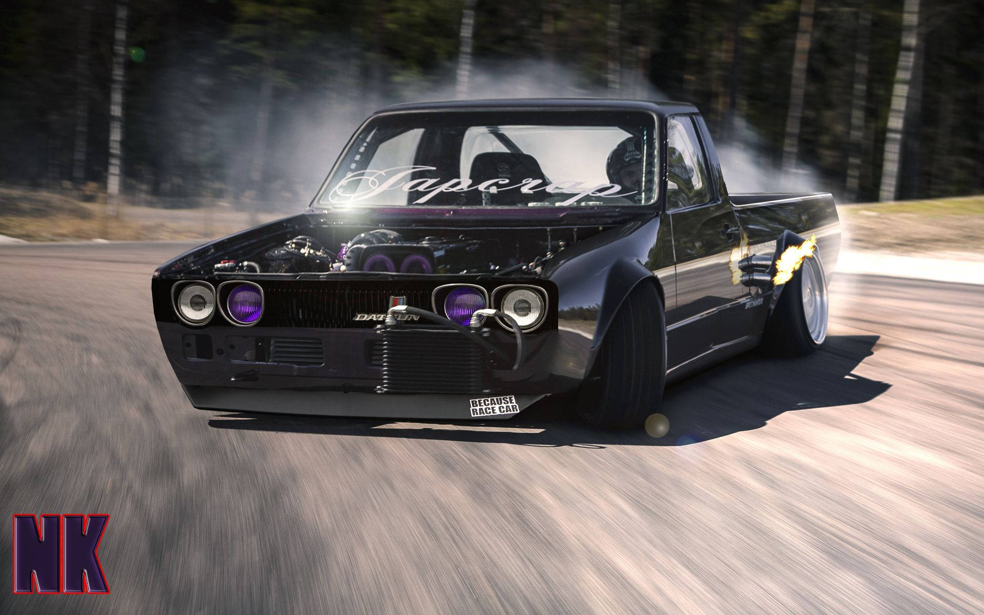 black modified pickup truck, smoke, purple headlights, Full HD Desktop Wallpaper