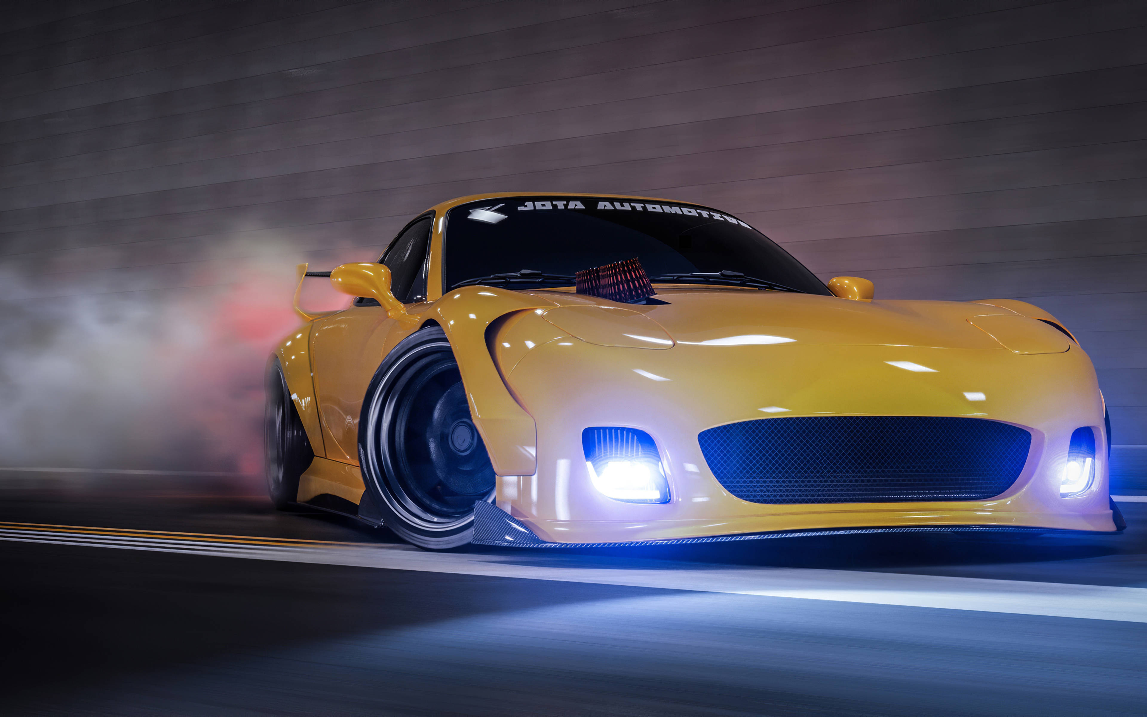drifting, yellow car, glowing blue headlights, 4K Desktop Wallpaper