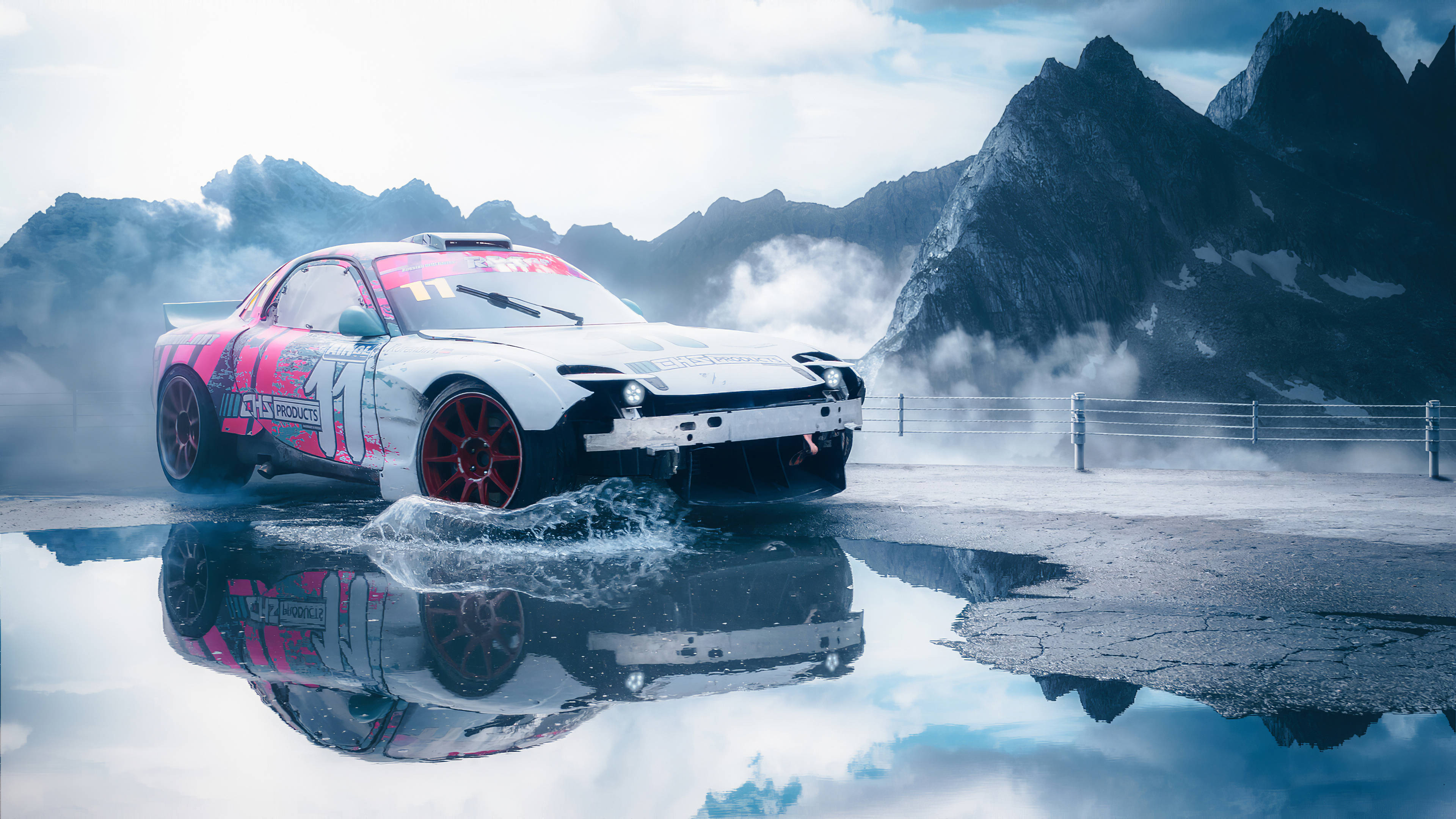 drifting, mountain road, puddle, 4K Desktop Wallpaper