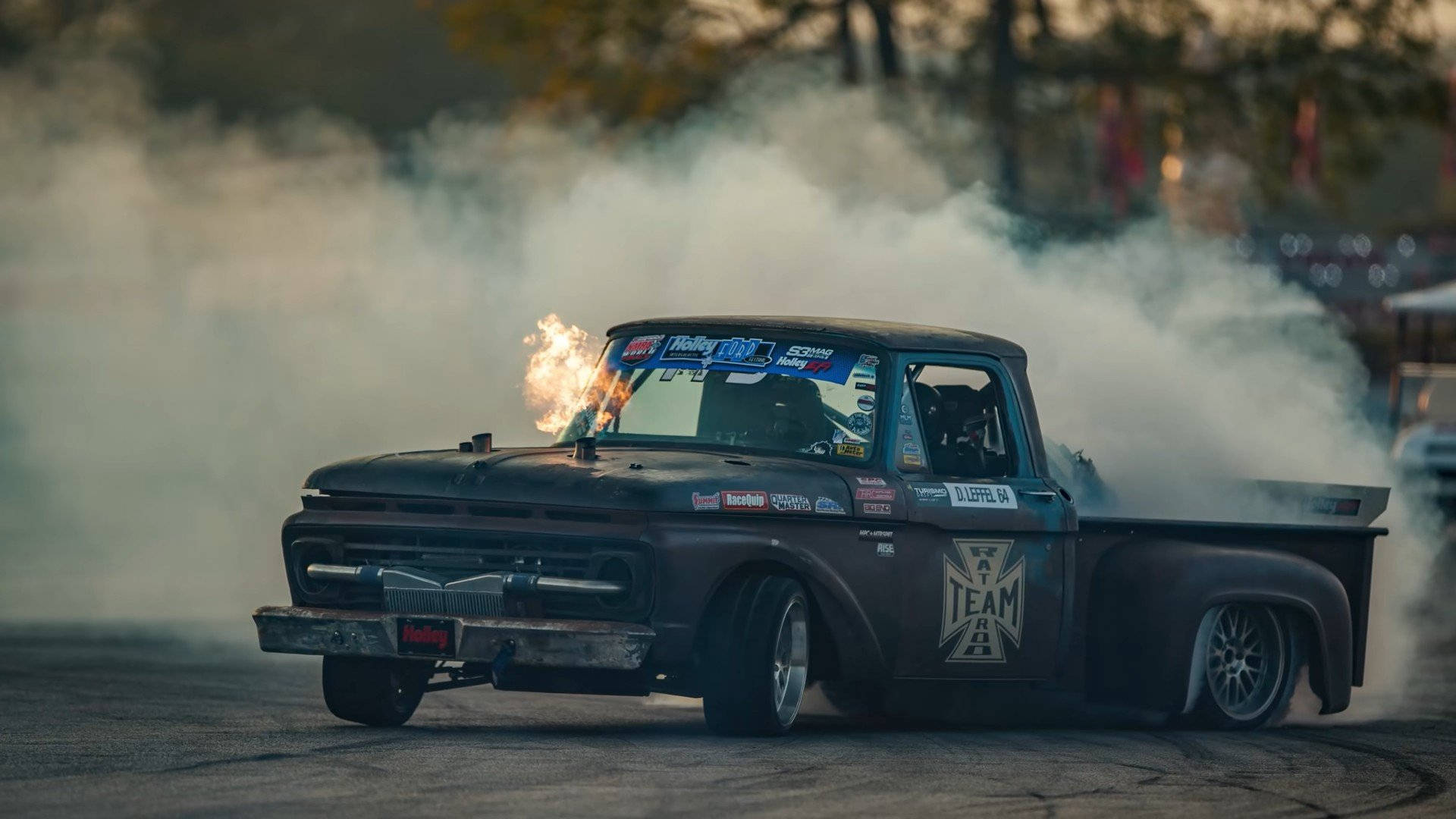 drift truck, vintage black, smoke, Full HD Desktop Wallpaper