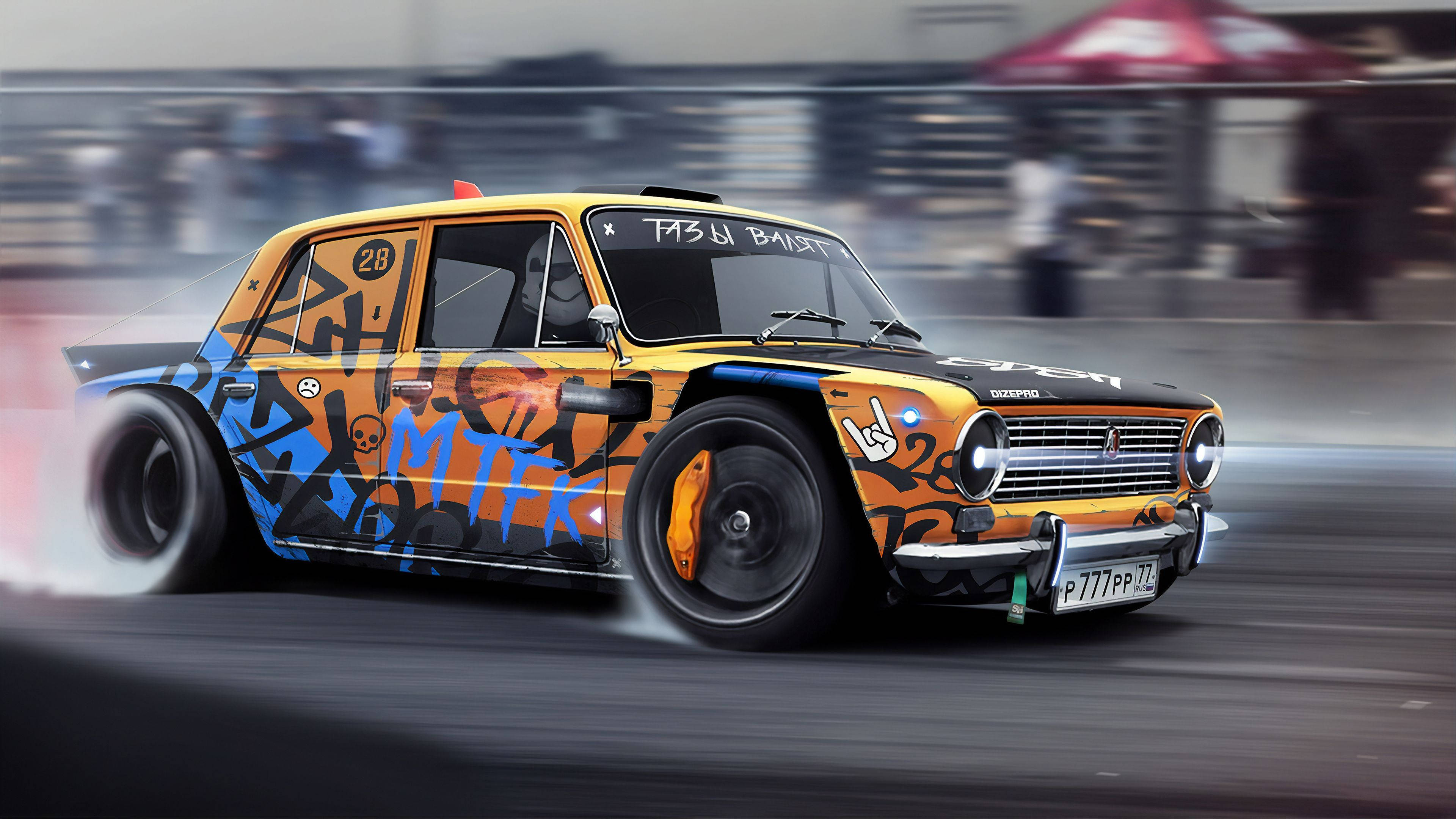 drifting, graffiti-covered, vintage car, 4K Desktop Wallpaper