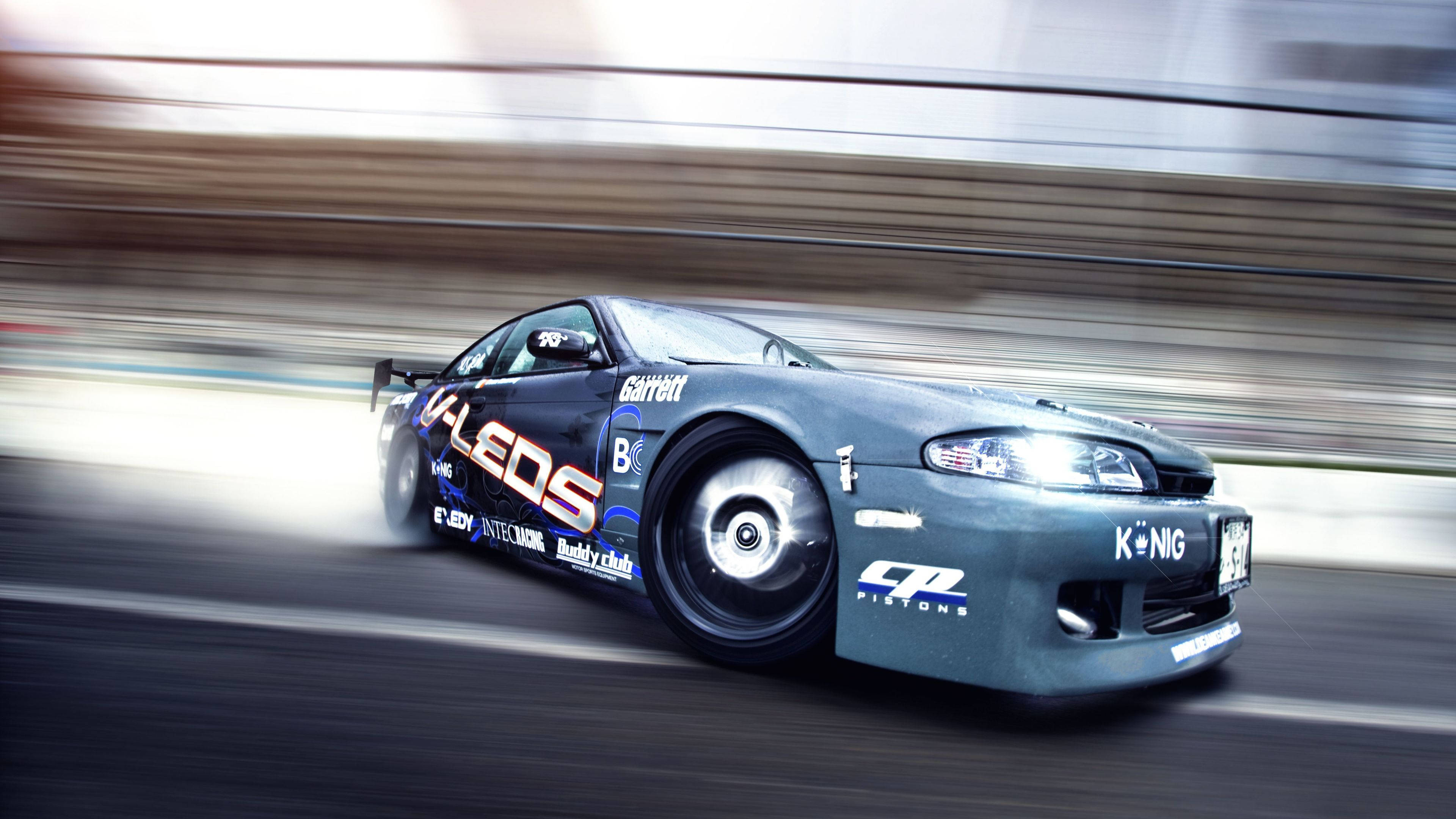 drift race car, sleek gray, track, 4K Desktop Wallpaper