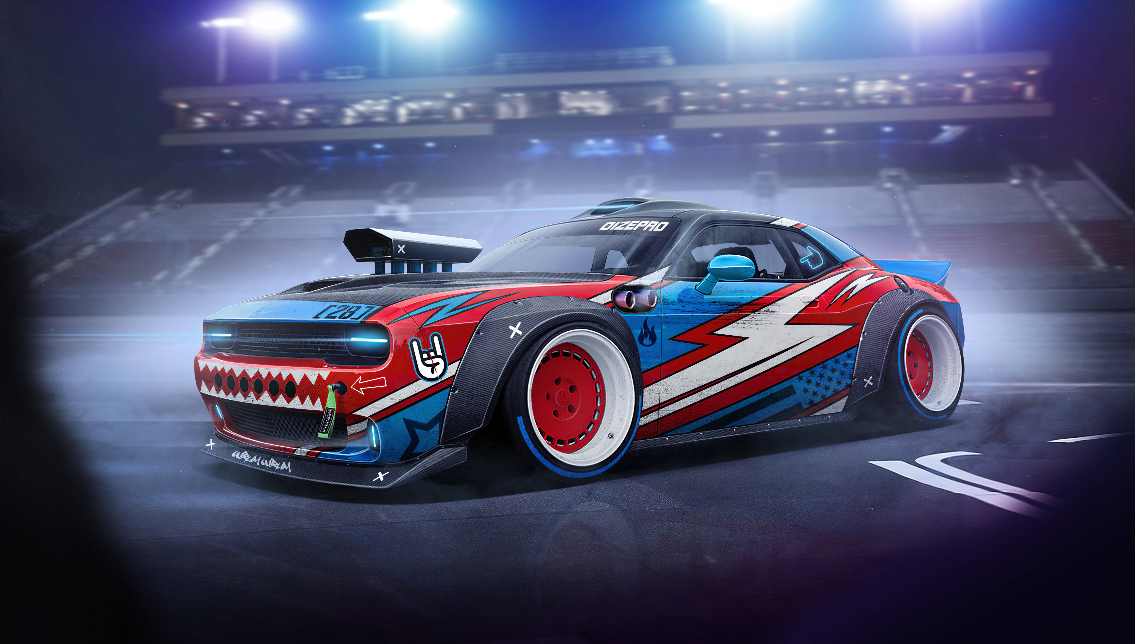 drifting, red blue and white, lightning decals, 4K Desktop Wallpaper
