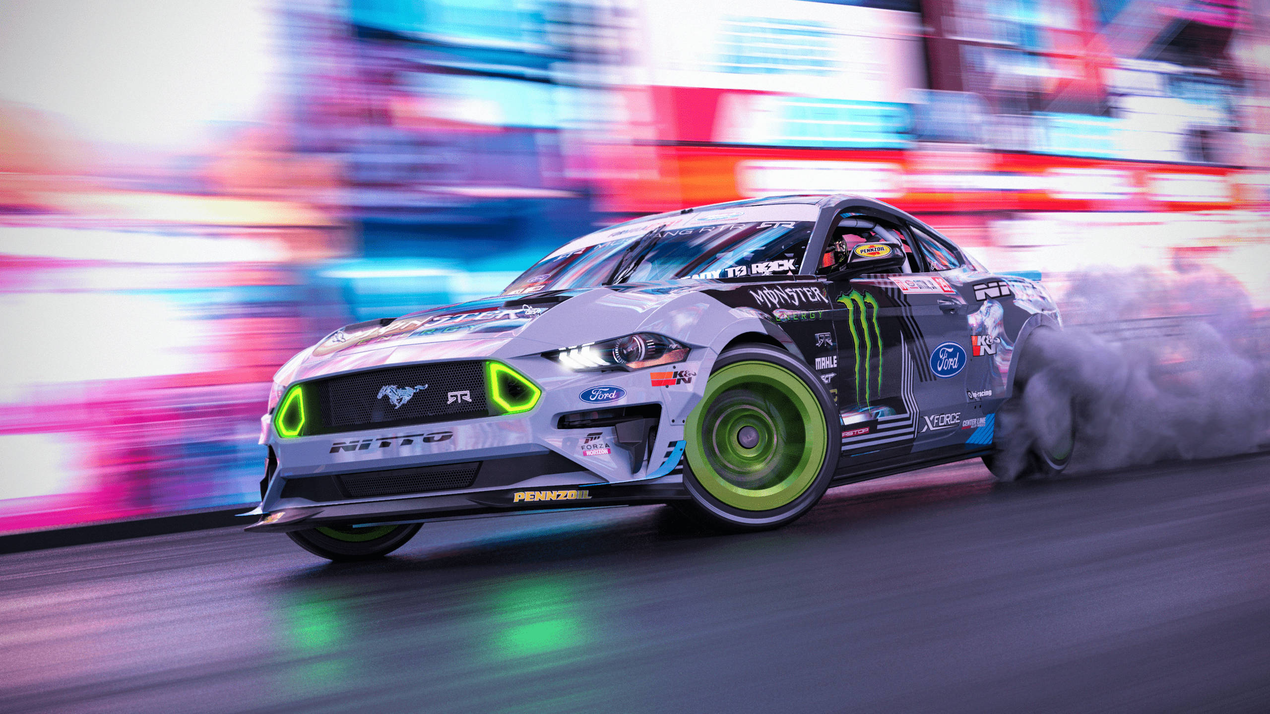 silver Ford Mustang, glowing green accents, tire smoke, 2K Desktop Wallpaper