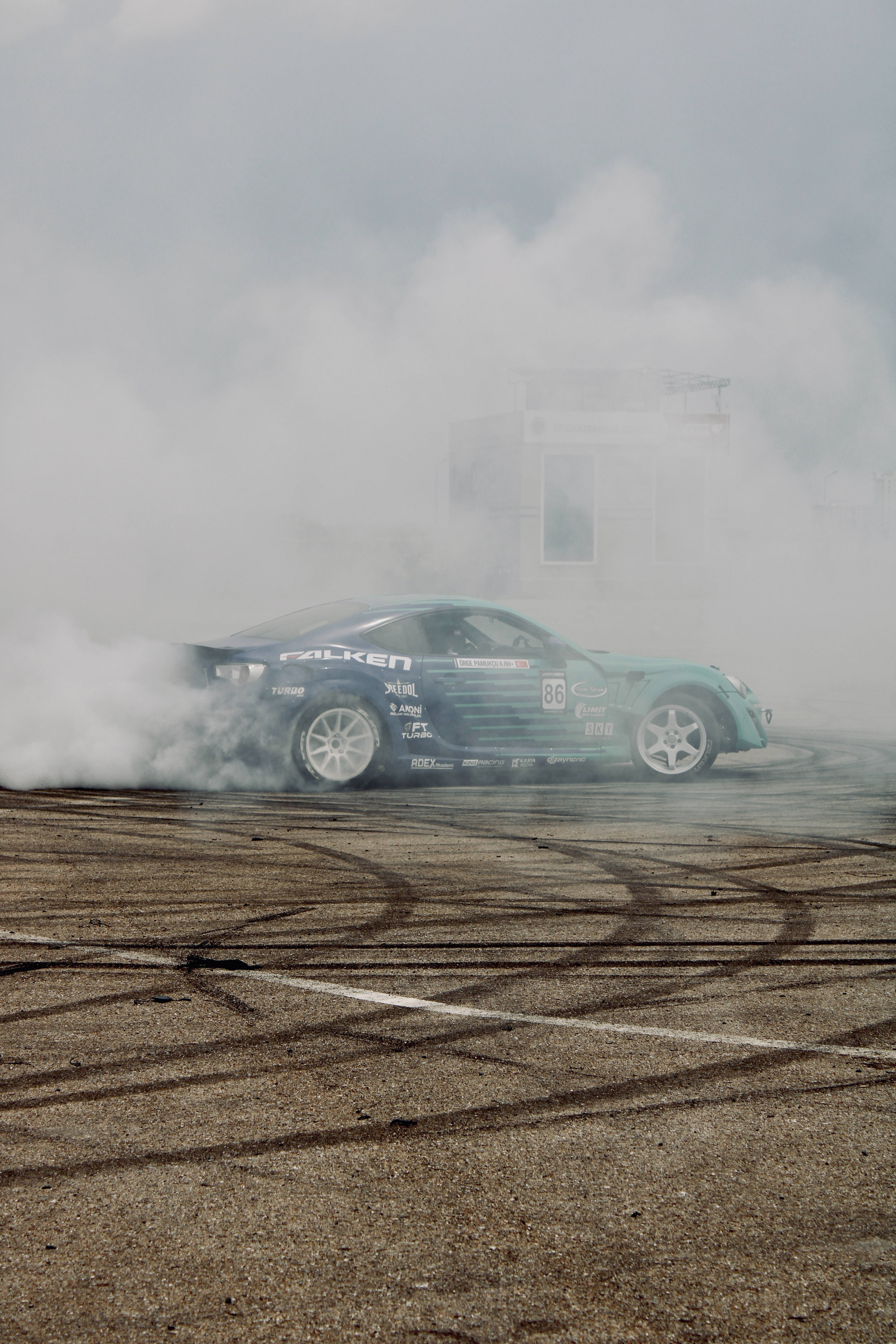 teal, drift car, smokes heavily, 5K Phone Wallpaper