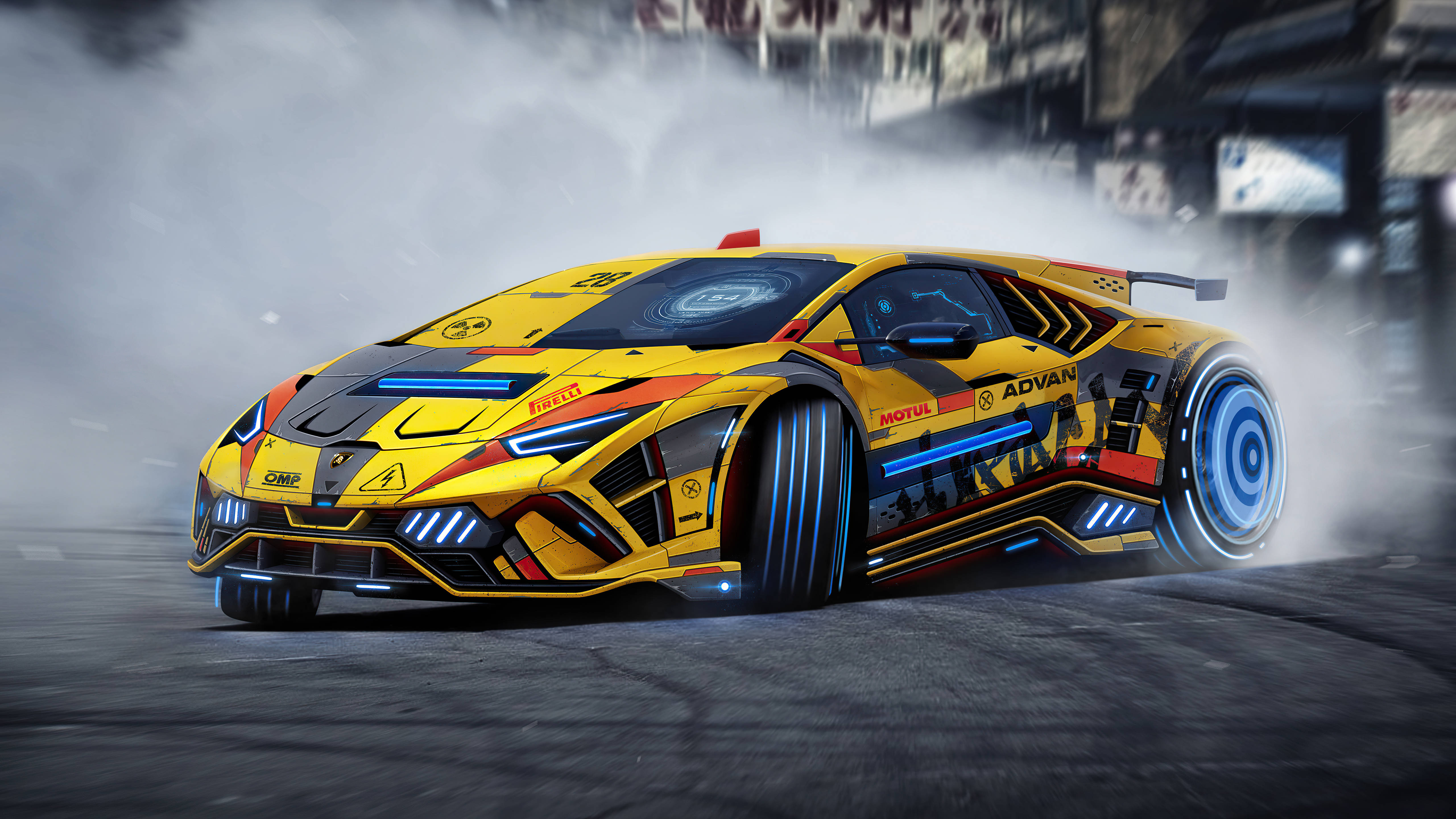 Drifting, yellow and black race car, glowing blue wheels, 5K Desktop Wallpaper