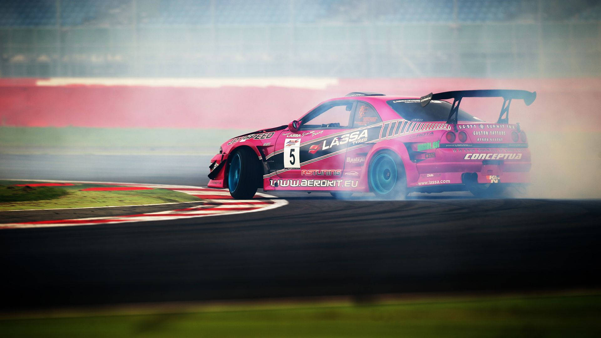 pink drift car, number 5, racetrack corner, Full HD Desktop Wallpaper