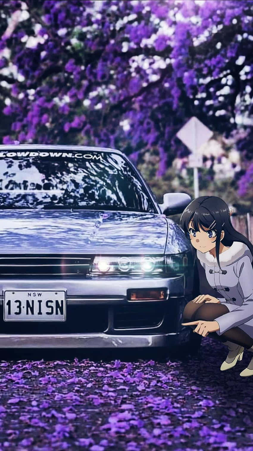 anime drift, silver sports car, purple blossoms, HD Phone Wallpaper