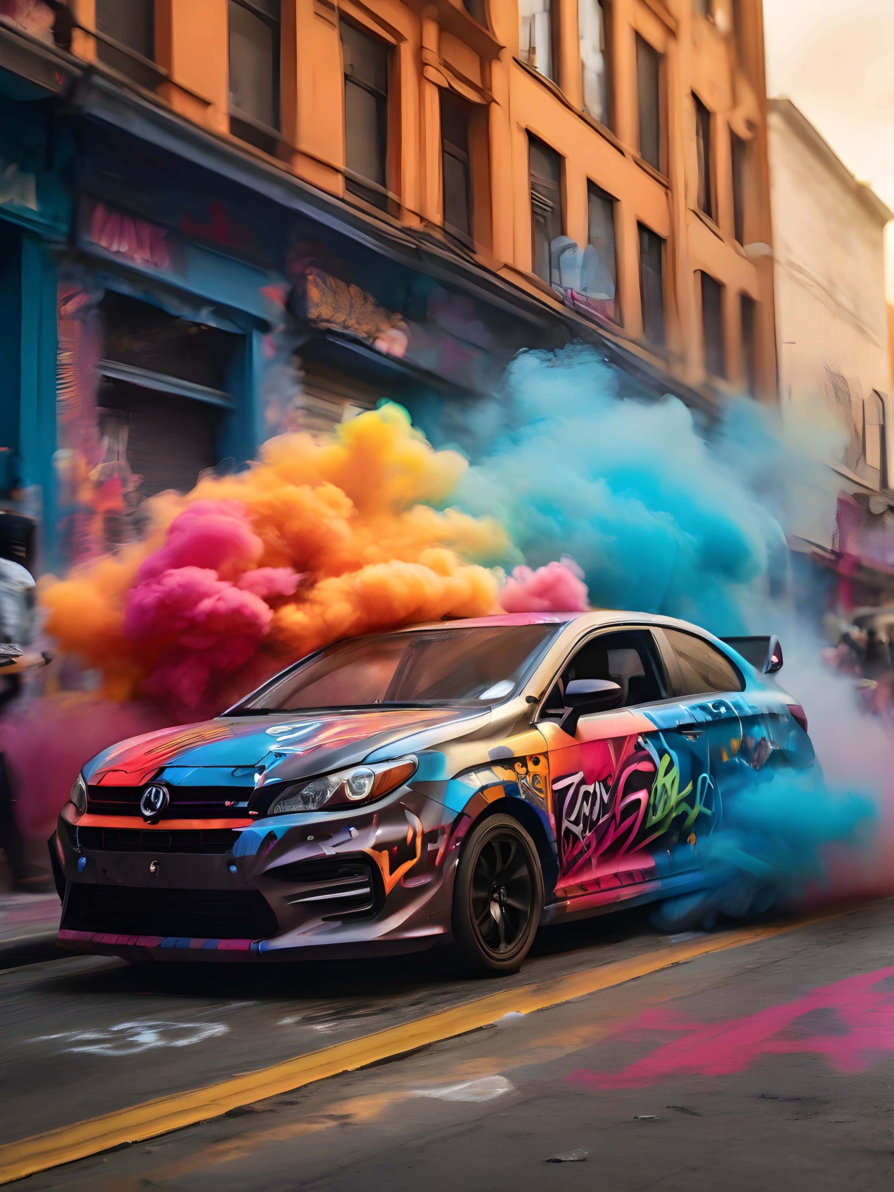 graffiti-covered car, city street, vibrant pink orange and blue smoke, 4K Phone Wallpaper