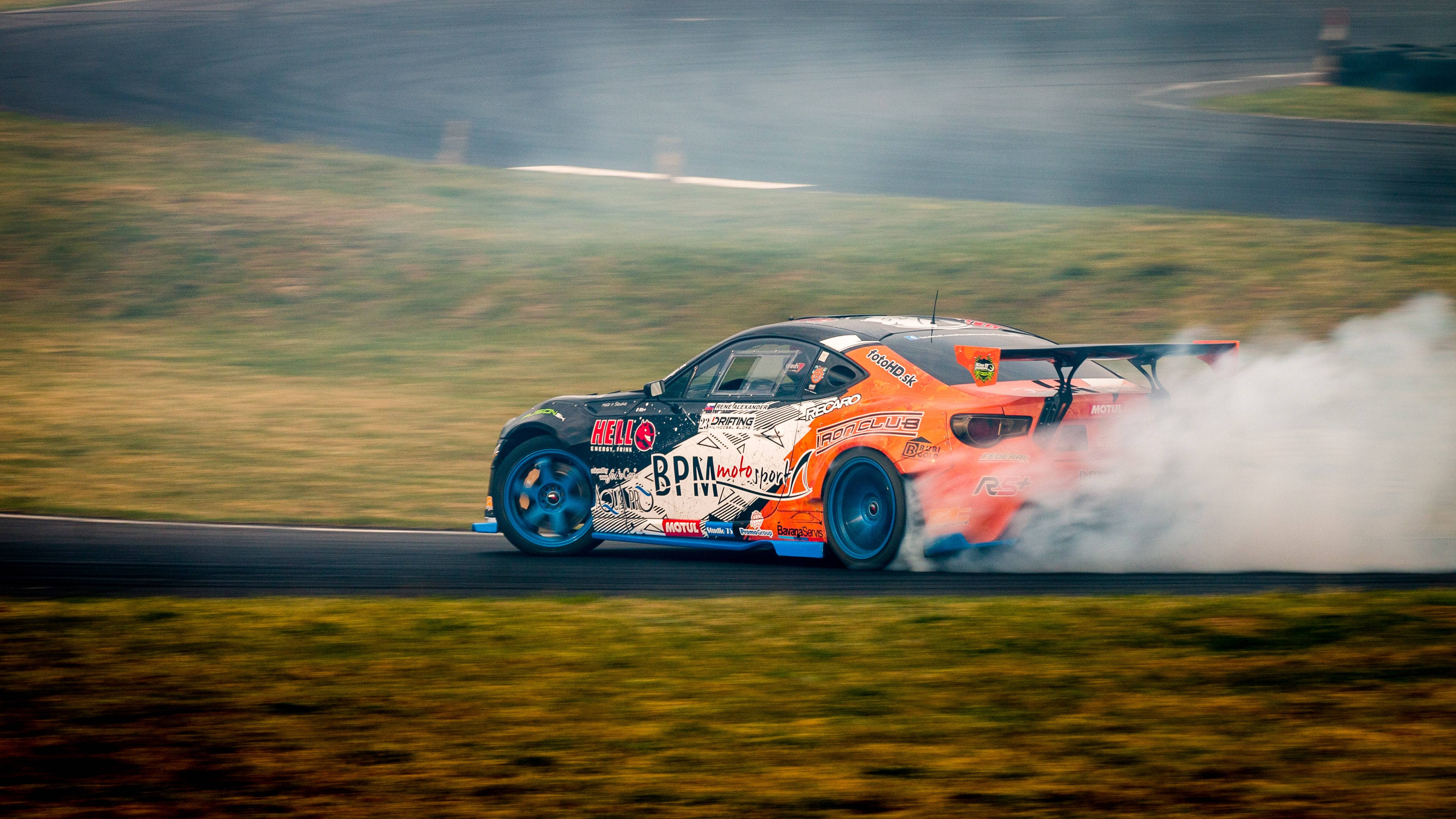 drifting, orange car, black drift car, 4K Desktop Wallpaper