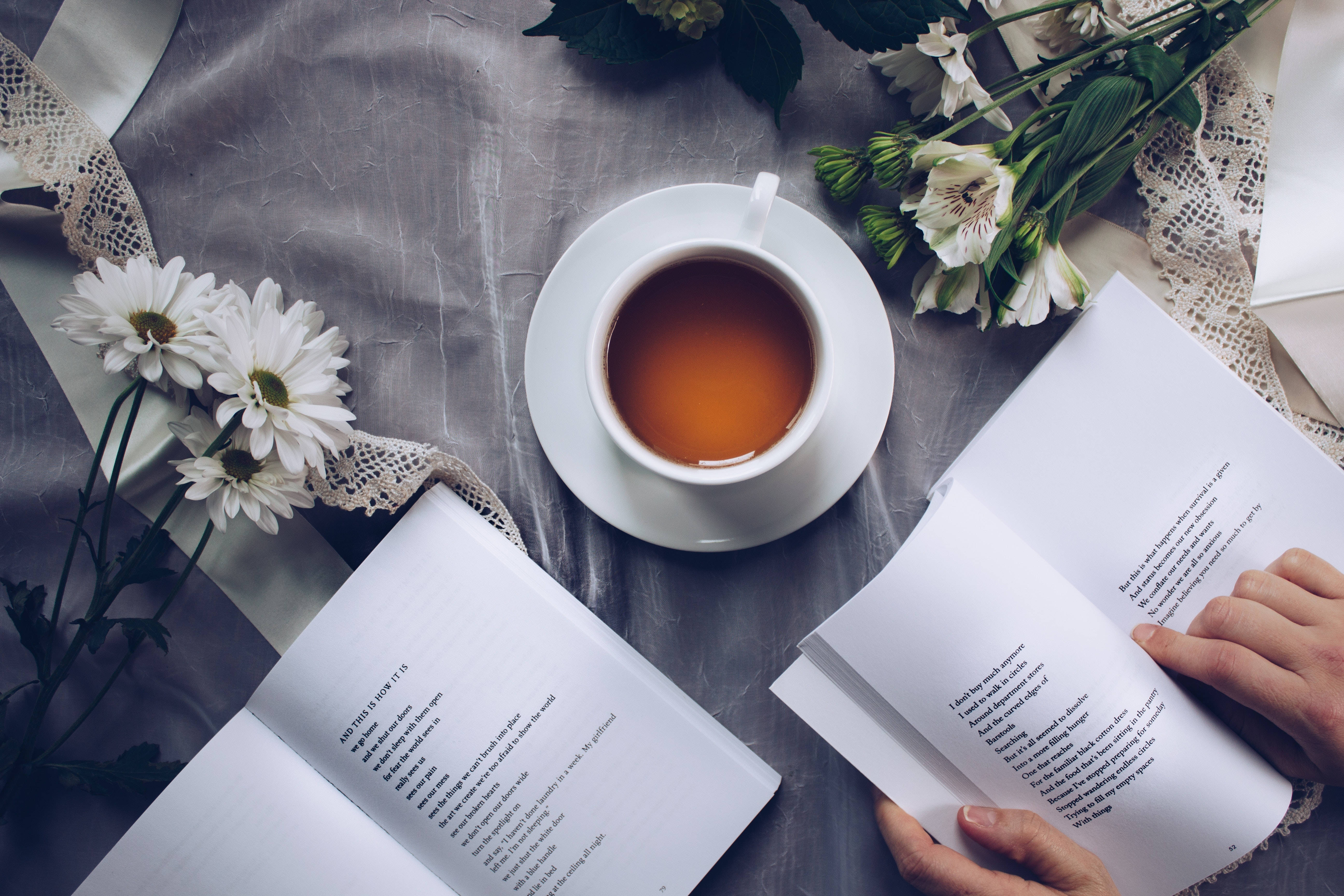 tea aesthetic book desktop, hands reading books, cup of tea, 5K Desktop Wallpaper