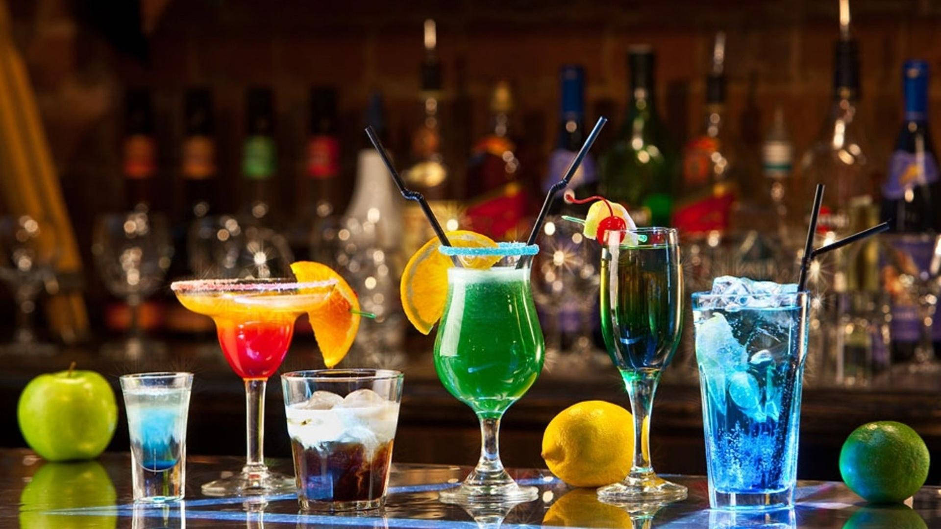 bar counter, vibrant cocktails, colorful glasses, Full HD Desktop Wallpaper