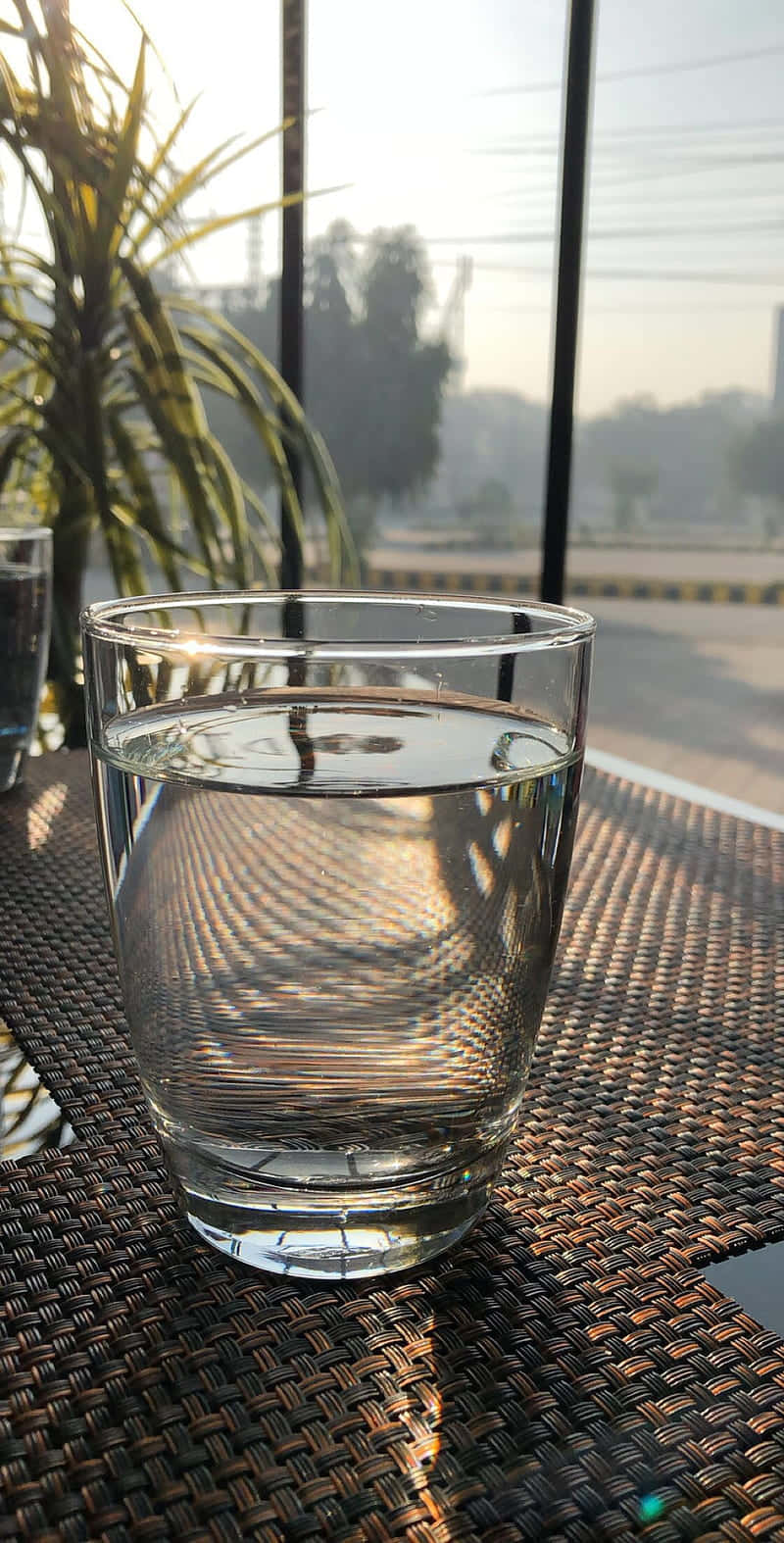 clear glass of water, woven mat, warm morning sunlight, HD Phone Wallpaper