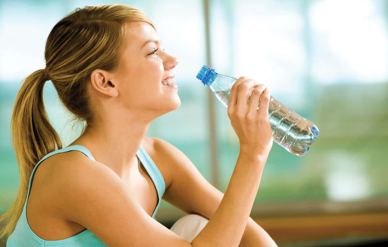 Vital Water, blonde ponytail, clear plastic bottle, HD Desktop Wallpaper