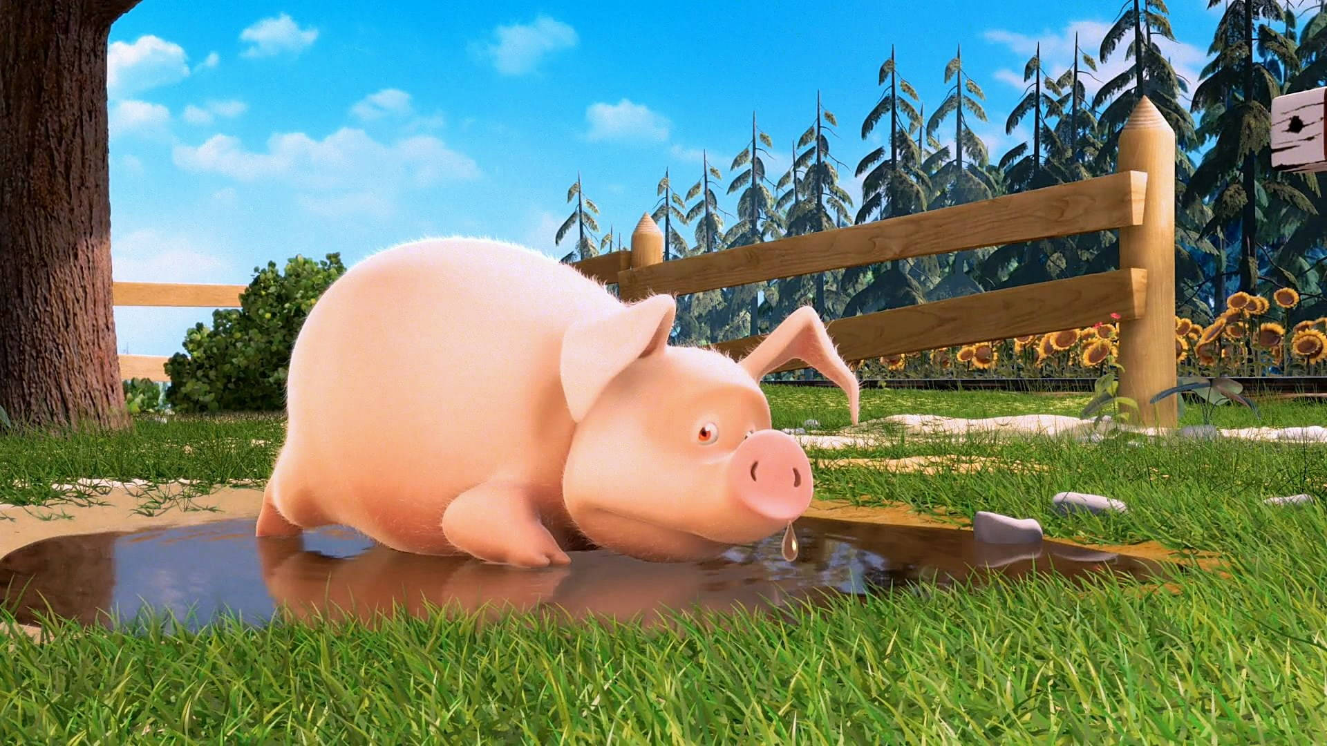 3D Animated Pig, pink pig, muddy puddle, Full HD Desktop Wallpaper