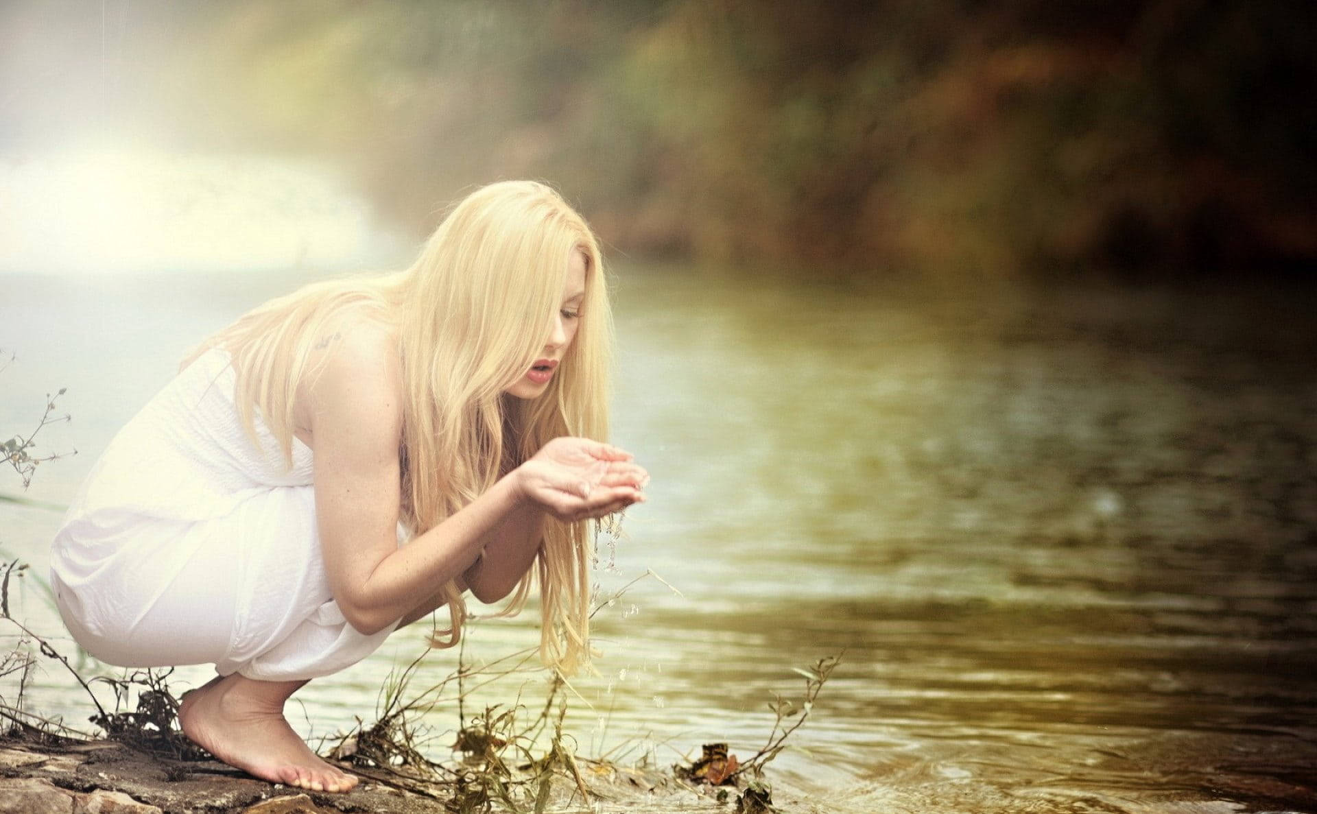 woman, white dress, misty river, Full HD Desktop Wallpaper