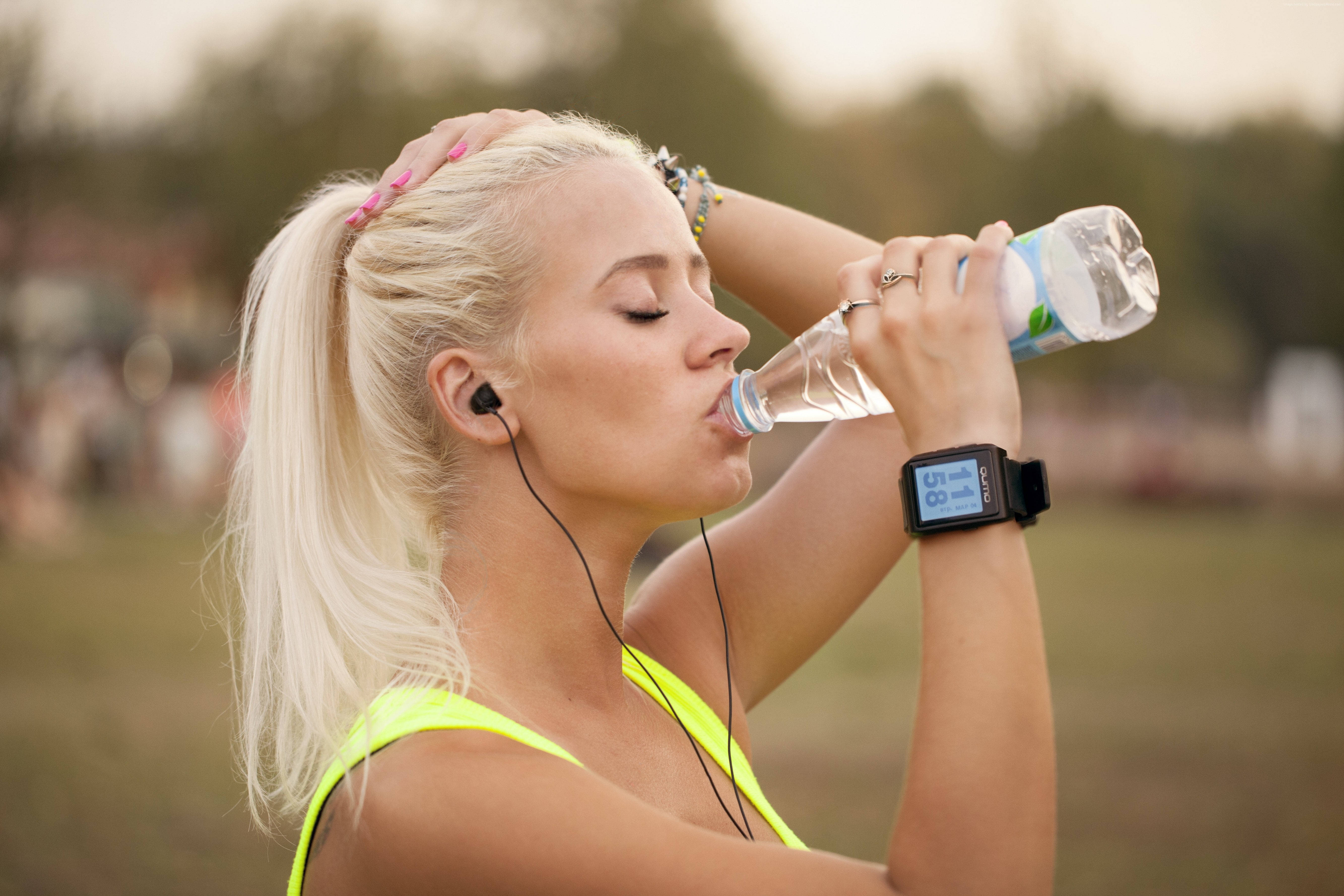 blonde woman, neon yellow sports top, bottle, 5K Desktop Wallpaper