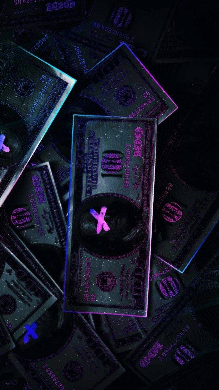 Neon purple, blue glowing, hundred dollar bills, SD Phone Wallpaper