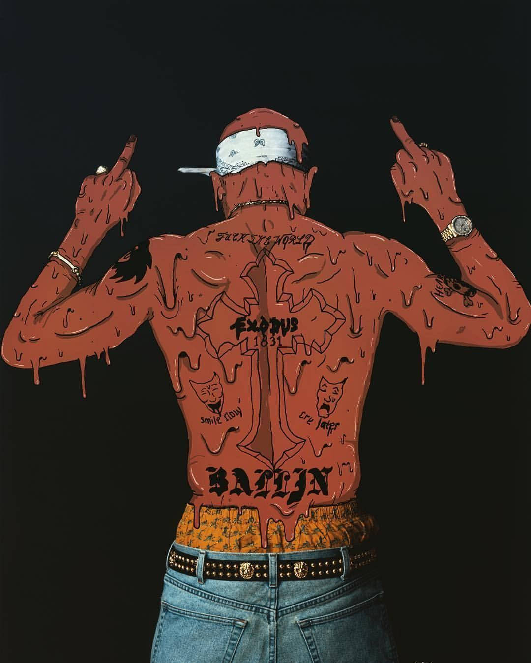 Cool Melting Guy, red liquid-covered back, tattoos, HD Phone Wallpaper