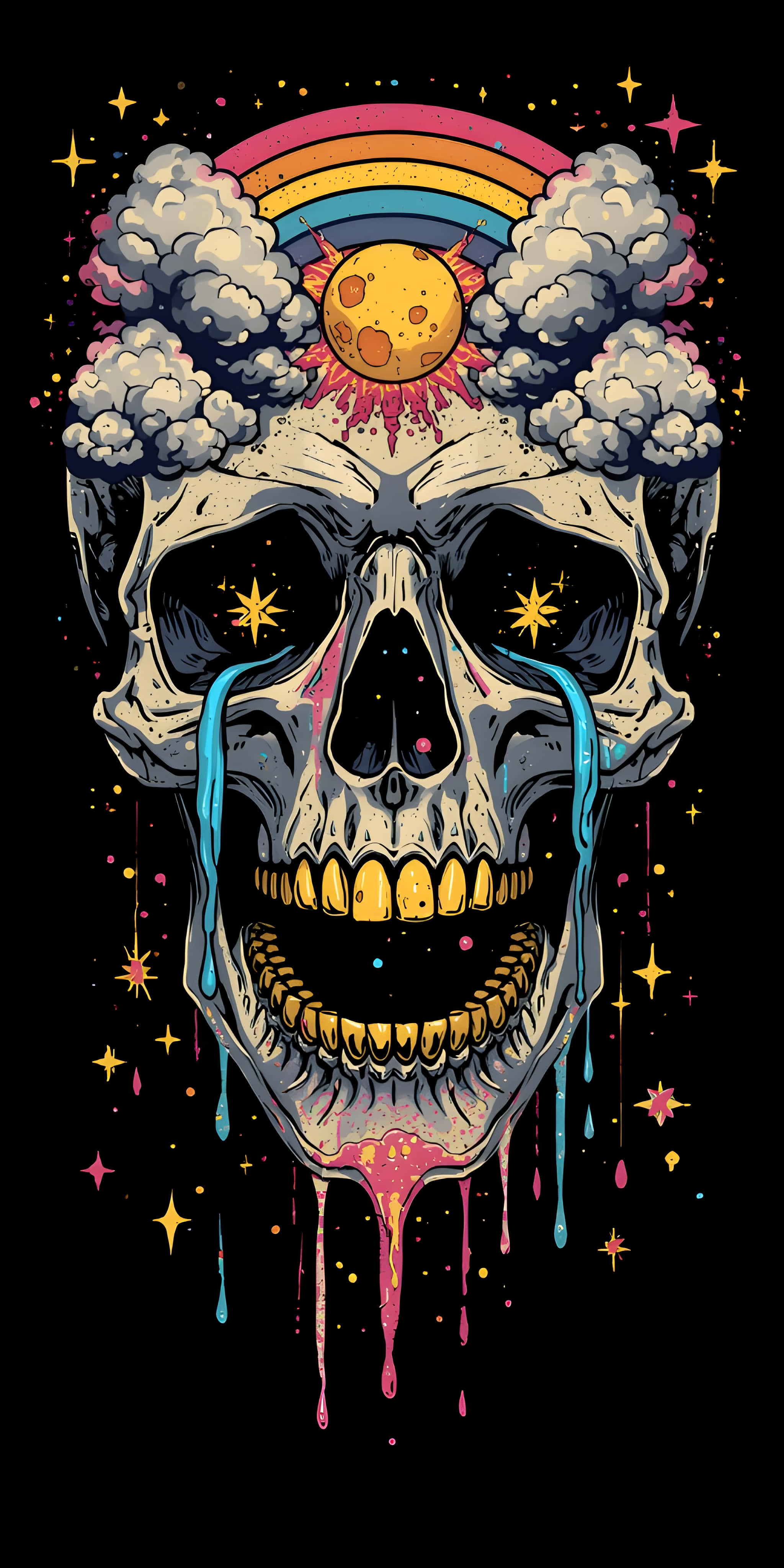 psychedelic trippy skull, rainbow, moon, 4K Phone Wallpaper