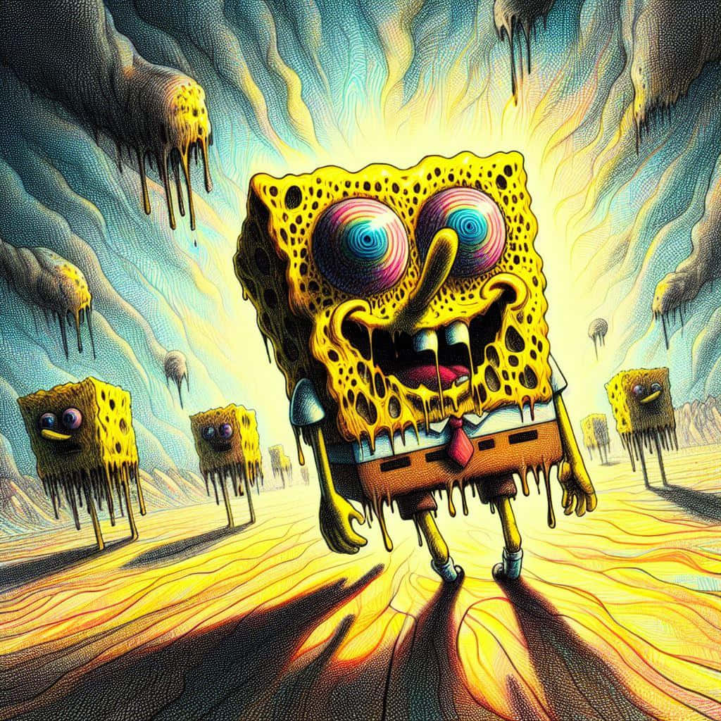 Surreal Drippy Sponge Bob Artwork, melting sponge character, psychedelic eyes, SD Desktop Wallpaper